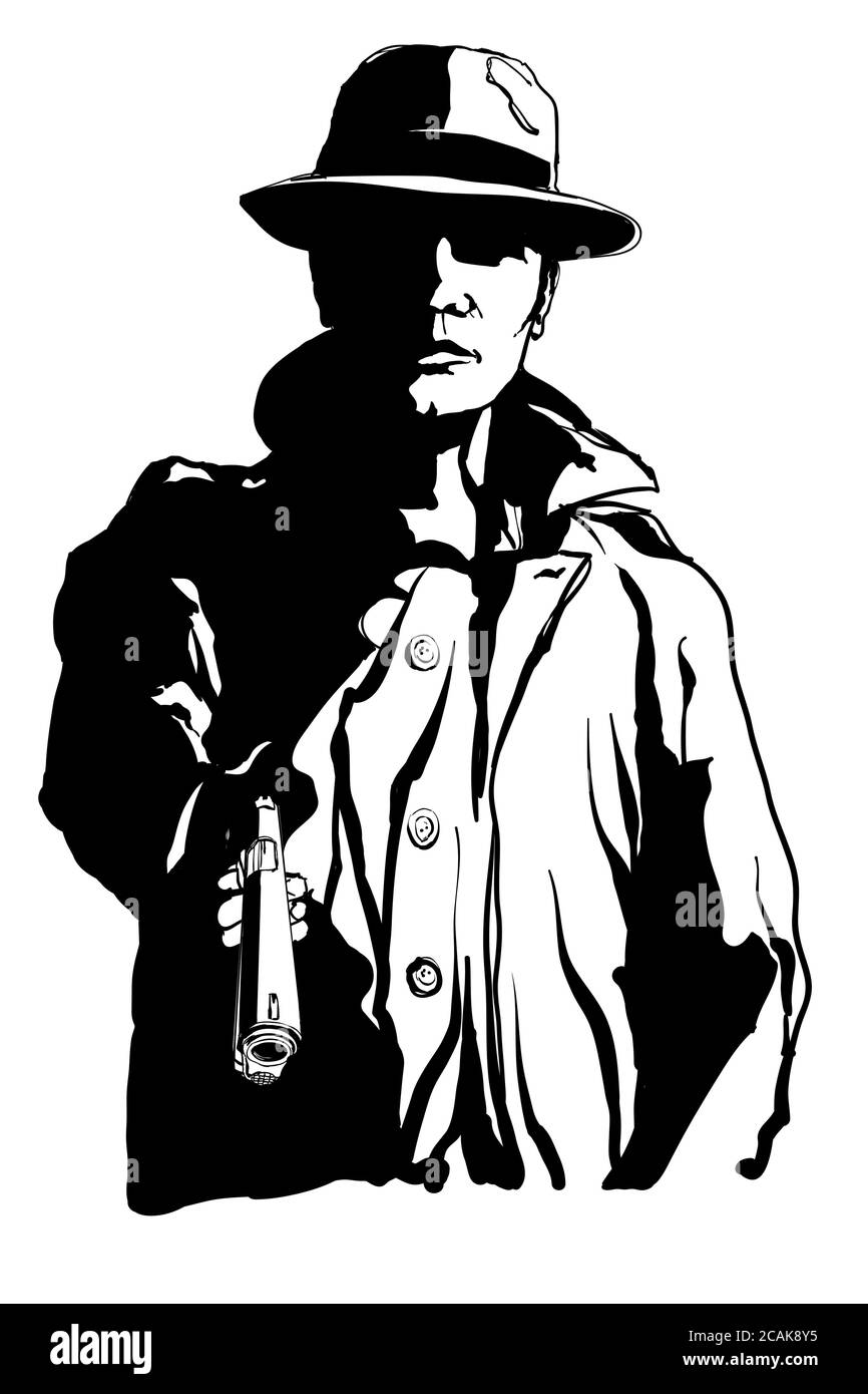 Gangster con una pistola nello stile di 1950 film in bianco e nero - illustrazione vettoriale (ideale per la stampa su tessuto o carta, poster o carta da parati, hous Illustrazione Vettoriale