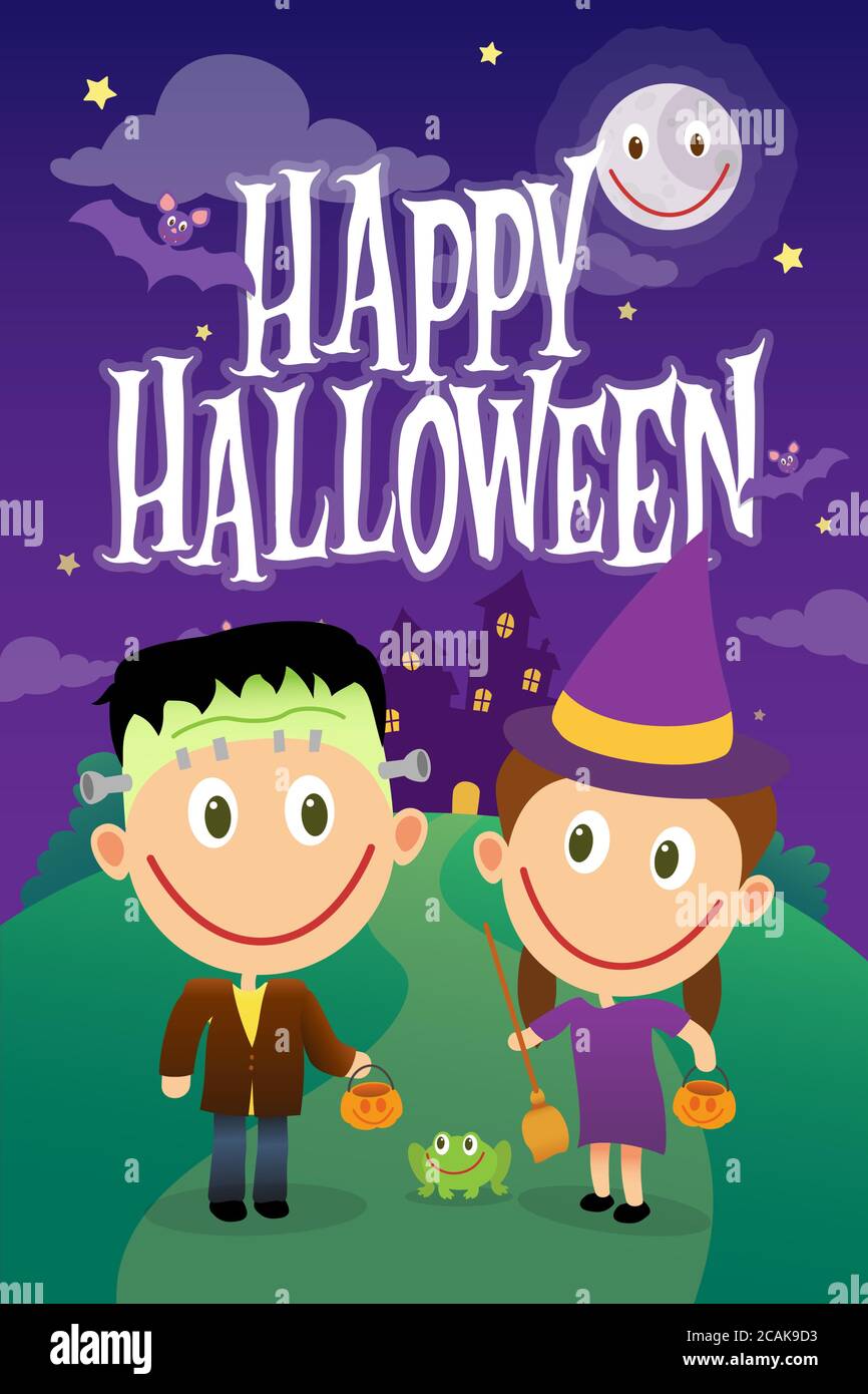 Ragazzo e ragazza sui costumi di Halloween. Bambini vestiti come frankenstein e strega. Cartoni animati Illustrazione Vettoriale