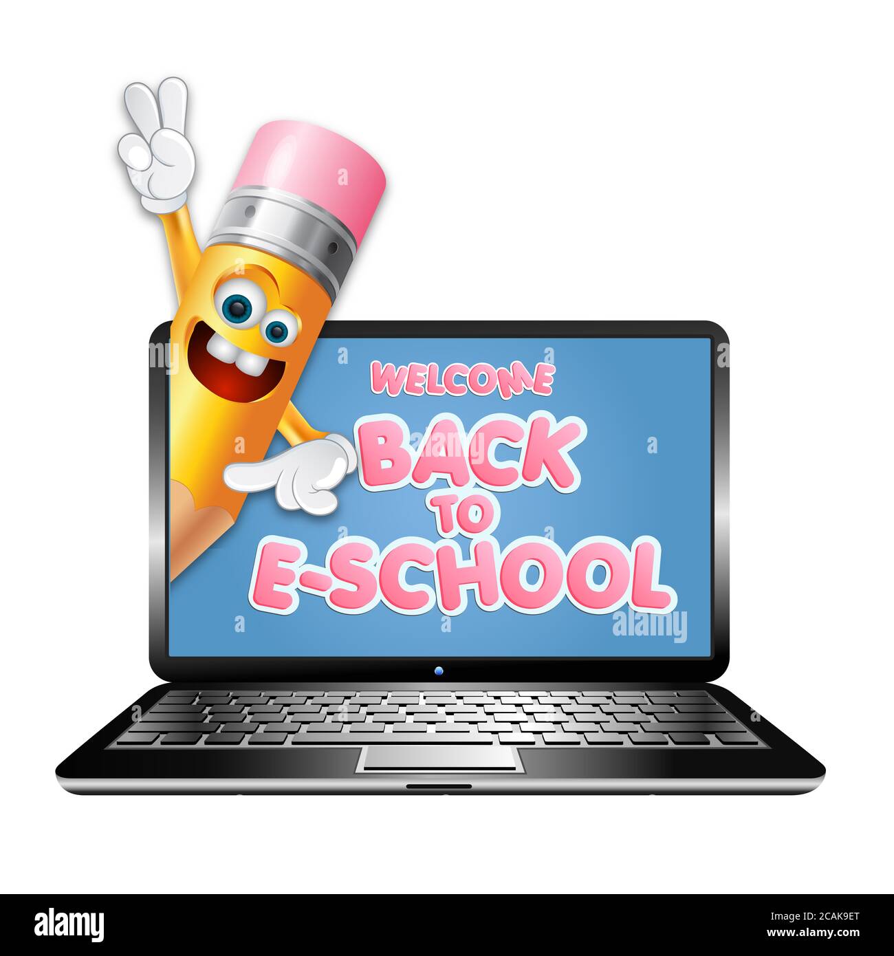 Concetto di ritorno a scuola. Concetto di e-learning. Illustrazioni 3D del carattere emoticon a matita all'interno del laptop. Immagine isolata su sfondo bianco Foto Stock