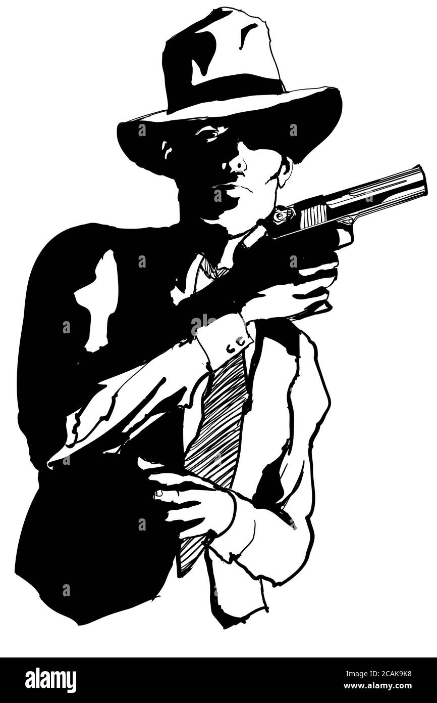 Gangster con una pistola nello stile di 1950 film in bianco e nero - illustrazione vettoriale (ideale per la stampa su tessuto o carta, poster o carta da parati, hous Illustrazione Vettoriale