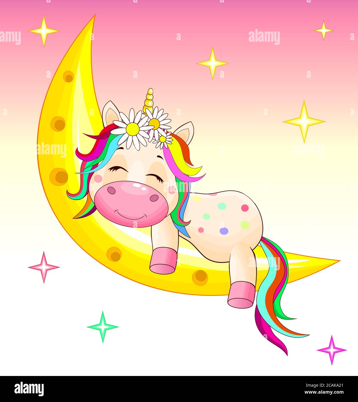 Un piccolo unicorno con una mane multicolore e la coda dorme sulla luna. Illustrazione Vettoriale