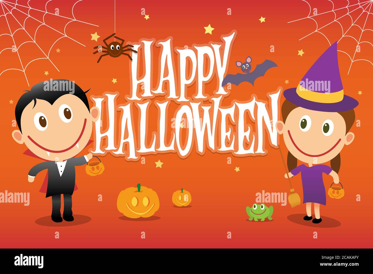 Bambini su costumi halloween. Bambini vestiti come vampiro e strega. Cartoni animati. Illustrazione Vettoriale