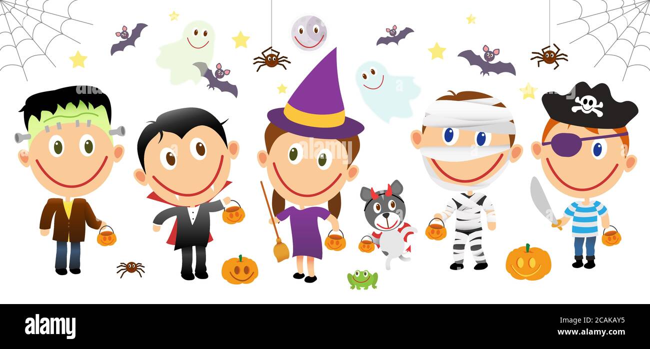 Gruppo di bambini in costumi di Halloween. Set di caratteri per l'illustrazione vettoriale del cartone animato isolato su sfondo bianco. Illustrazione Vettoriale