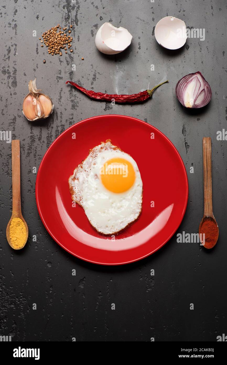 Omelette e gusci d'uovo, aglio, peperoncino e cipolla messi intorno. Cibo al centro del piatto rosso su sfondo nero, vista dall'alto. Condire con l'uovo fritto vicino a cucchiai con spezie. Colazione e concetto artistico Foto Stock