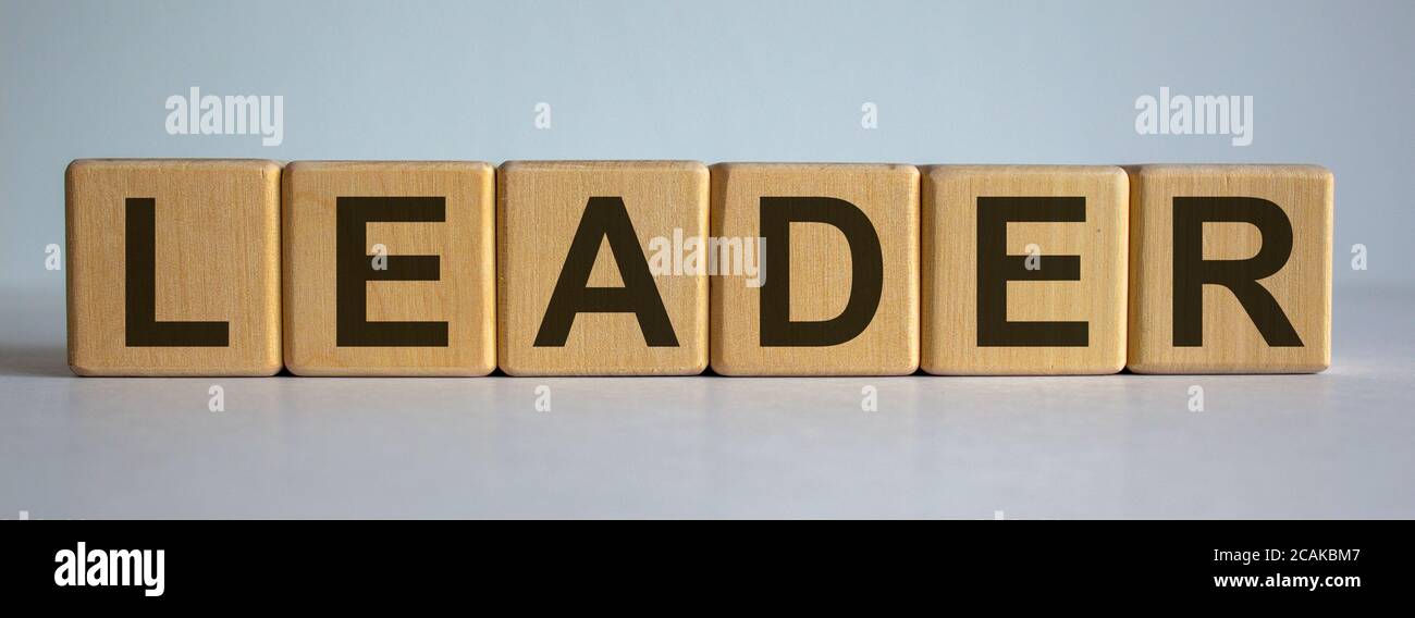 Parola concettuale 'leader' sui cubi su uno sfondo bianco. Foto Stock