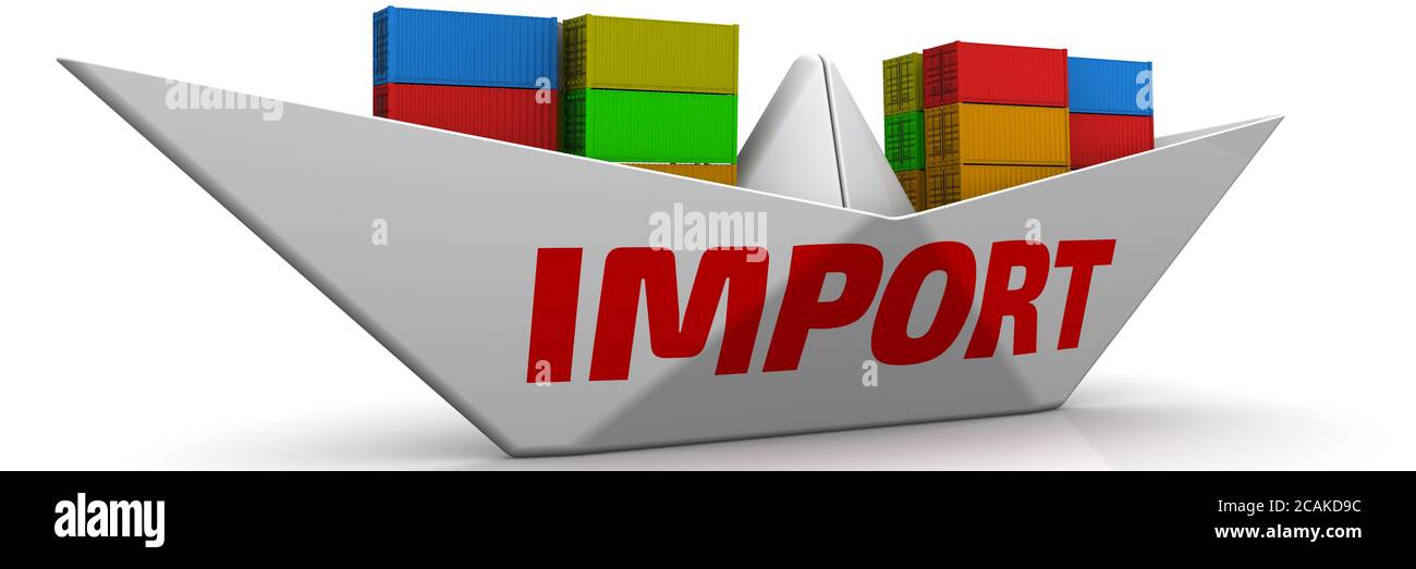 Importa. Nave di carta con parola rossa DI IMPORTAZIONE e contenitori di spedizione su superficie bianca. Illustrazione 3D Foto Stock Importa. Nave di carta con parola rossa DI IMPORTAZIONE e contenitori di spedizione su superficie bianca. Illustrazione 3D Foto Stock