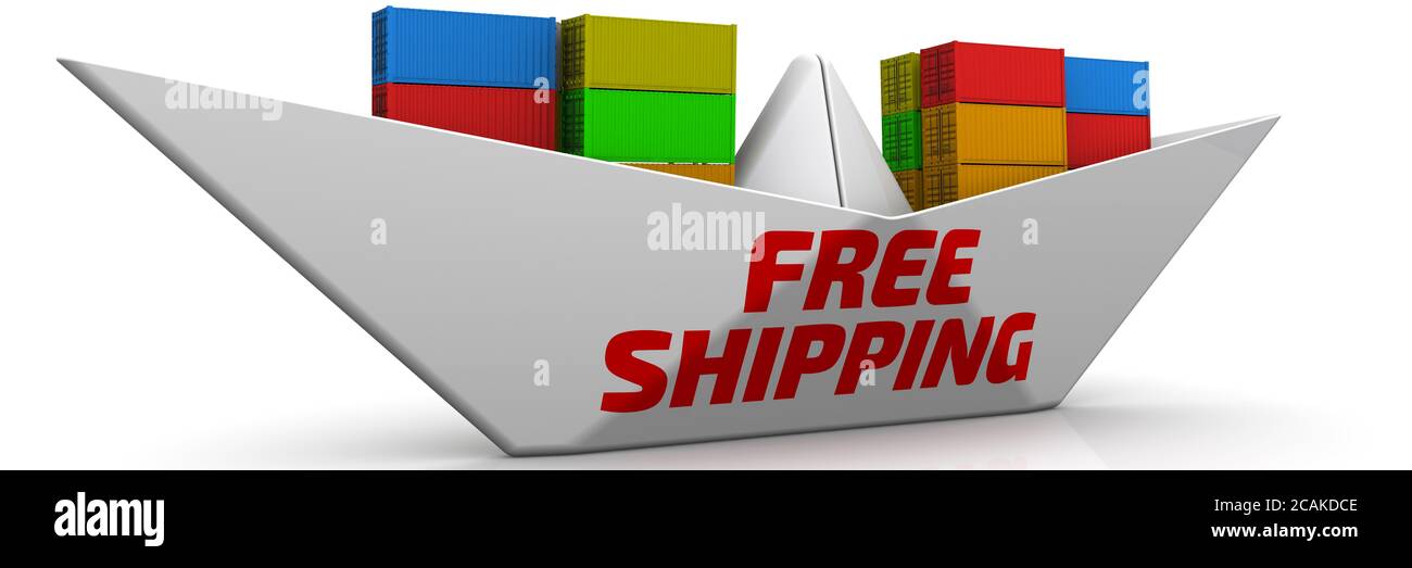 Spedizione gratuita. Nave di carta con contenitori di spedizione. Imbarcazione di carta con SPEDIZIONE senza parola rossa e contenitori di spedizione su superficie bianca. Illustrazione 3D Foto Stock Spedizione gratuita. Nave di carta con contenitori di spedizione. Imbarcazione di carta con SPEDIZIONE senza parola rossa e contenitori di spedizione su superficie bianca. Illustrazione 3D Foto Stock