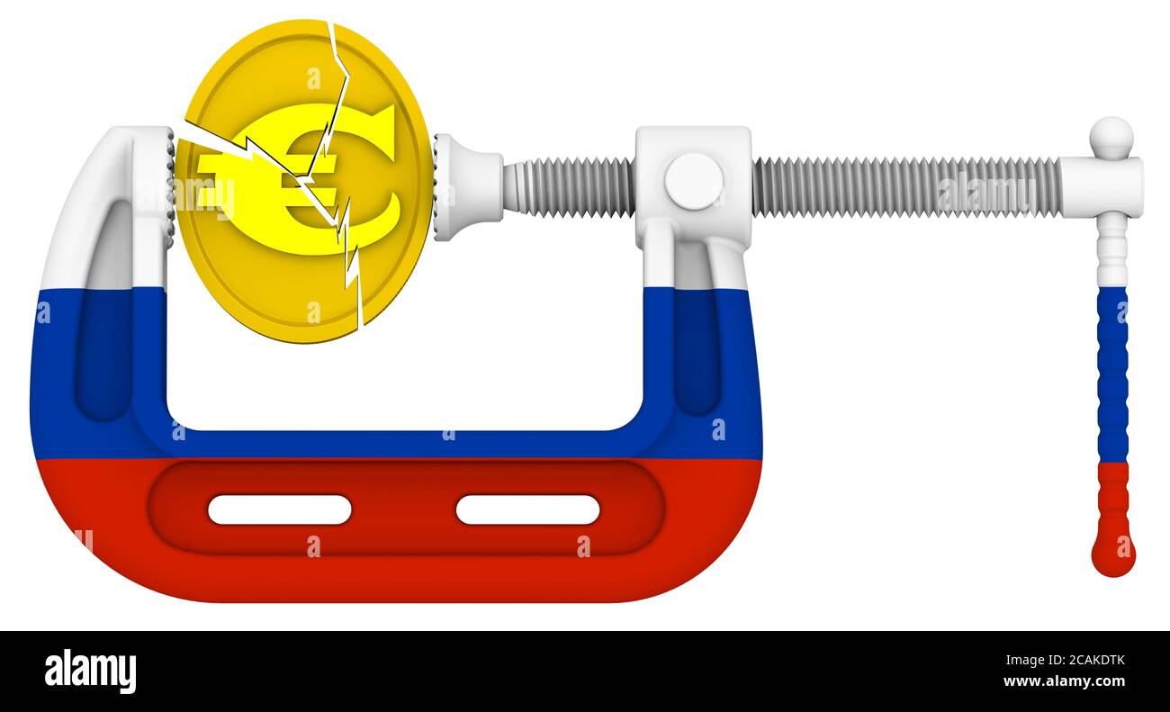 La Russia sanziona la pressione sull'economia dell'Unione europea. La moneta d'oro con il simbolo dell'euro è bloccata nel morsetto a colori della bandiera russa Foto Stock