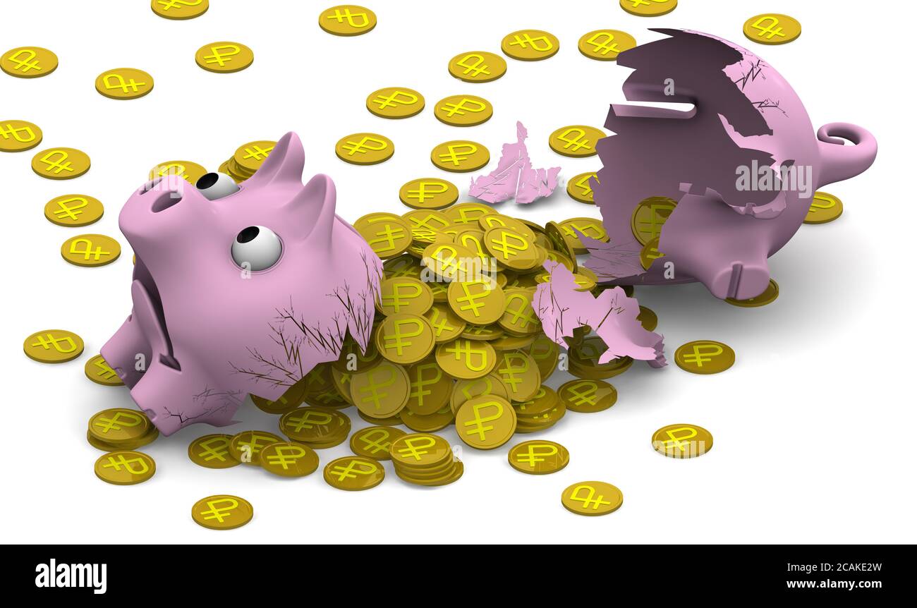 Una banca piggy rotta (Moneybox) e un sacco di monete d'oro con i simboli della valuta russa. Illustrazione 3D Foto Stock