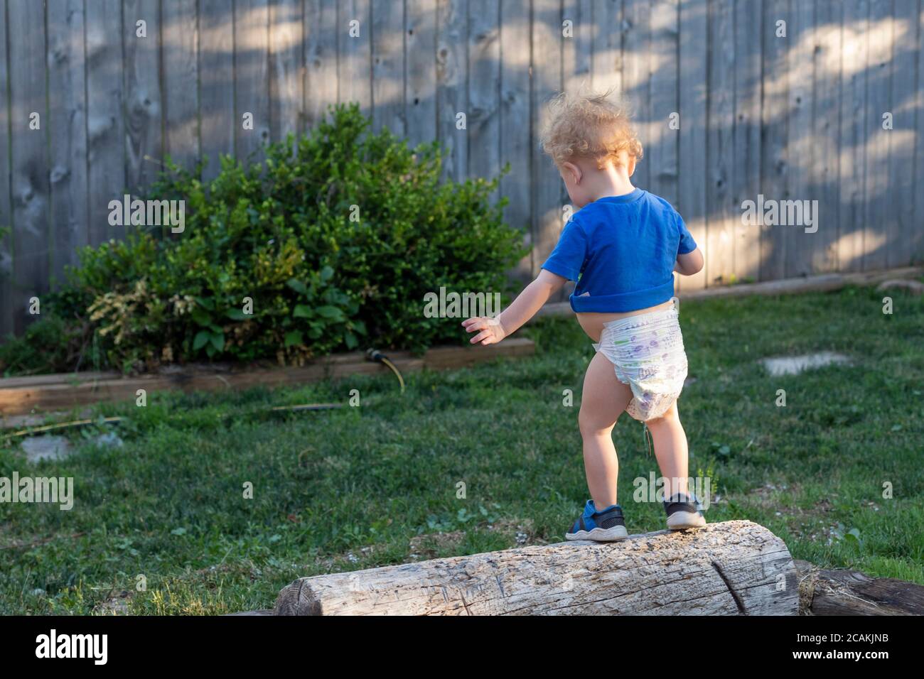 Denver, Colorado - Hendrix Hjermstad, due anni, cerca di equilibrarsi su un log. Foto Stock