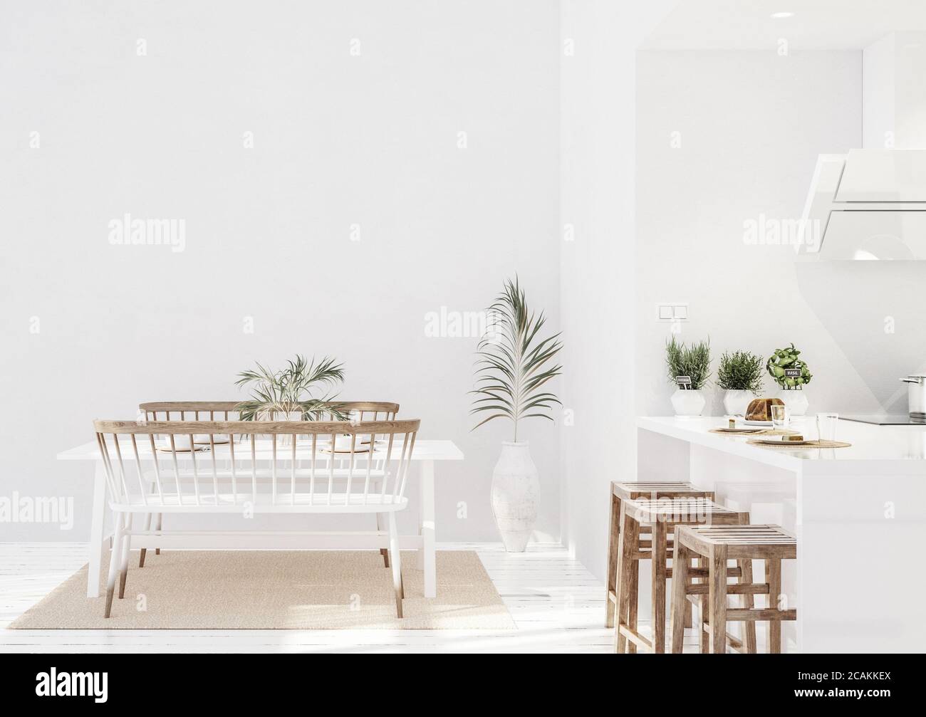 Interni bianchi e moderni, stile scandinavo, rendering 3d Foto Stock