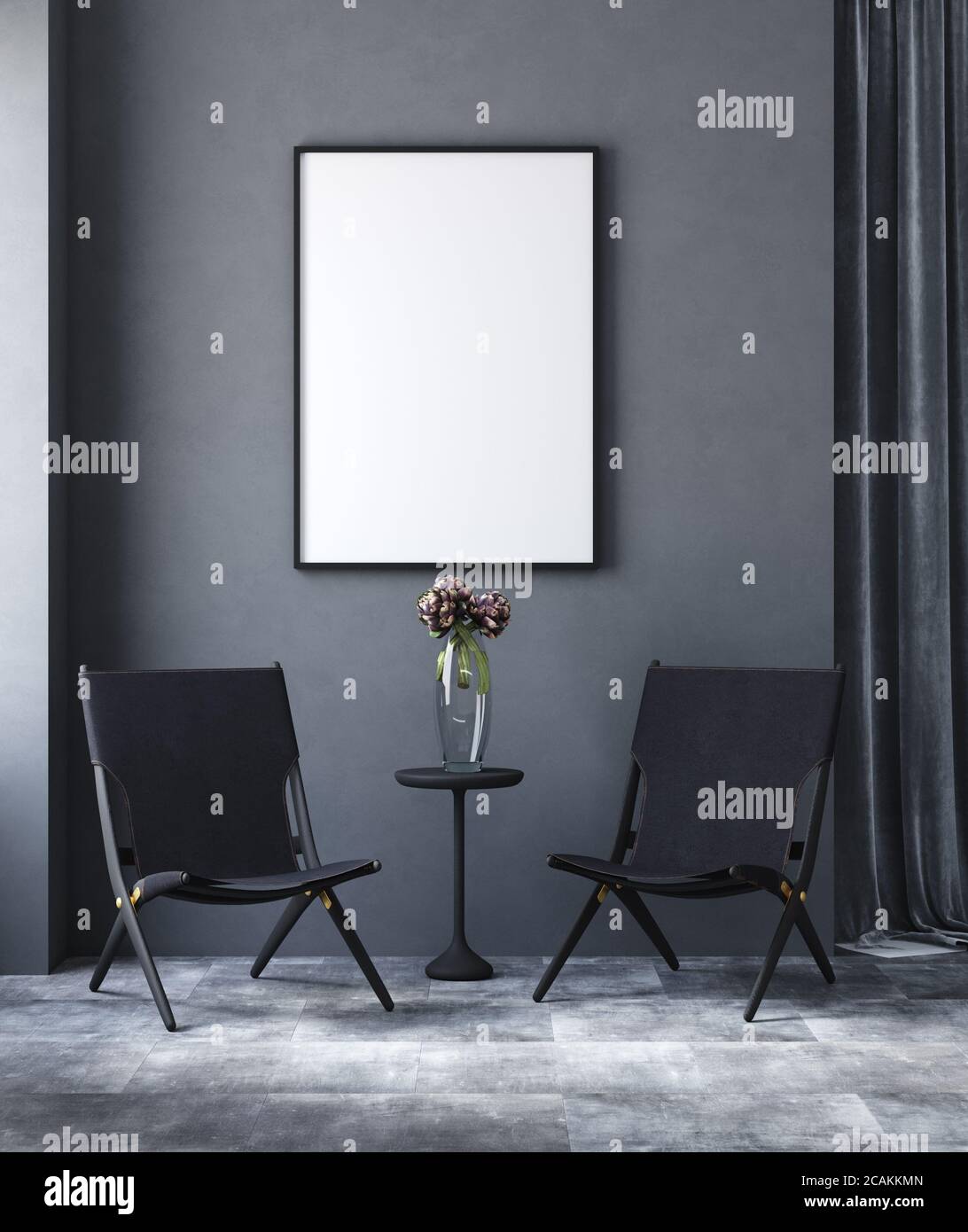 Poster in nero moderno soggiorno, stile industriale, rendering 3d Foto Stock