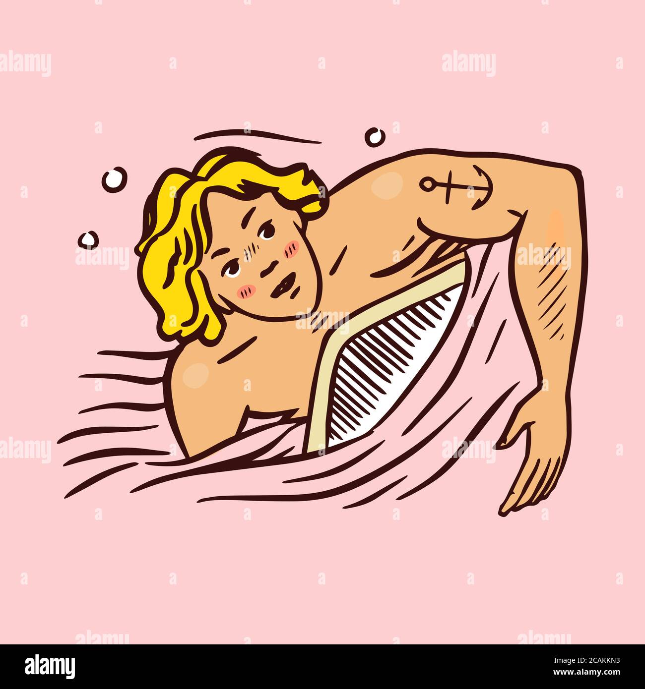 L'uomo nuota. Badge Surf, logo Vintage Surfer. Onda retrospettiva. S emblema inciso disegnato a mano. Banner o poster. Illustrazione Vettoriale