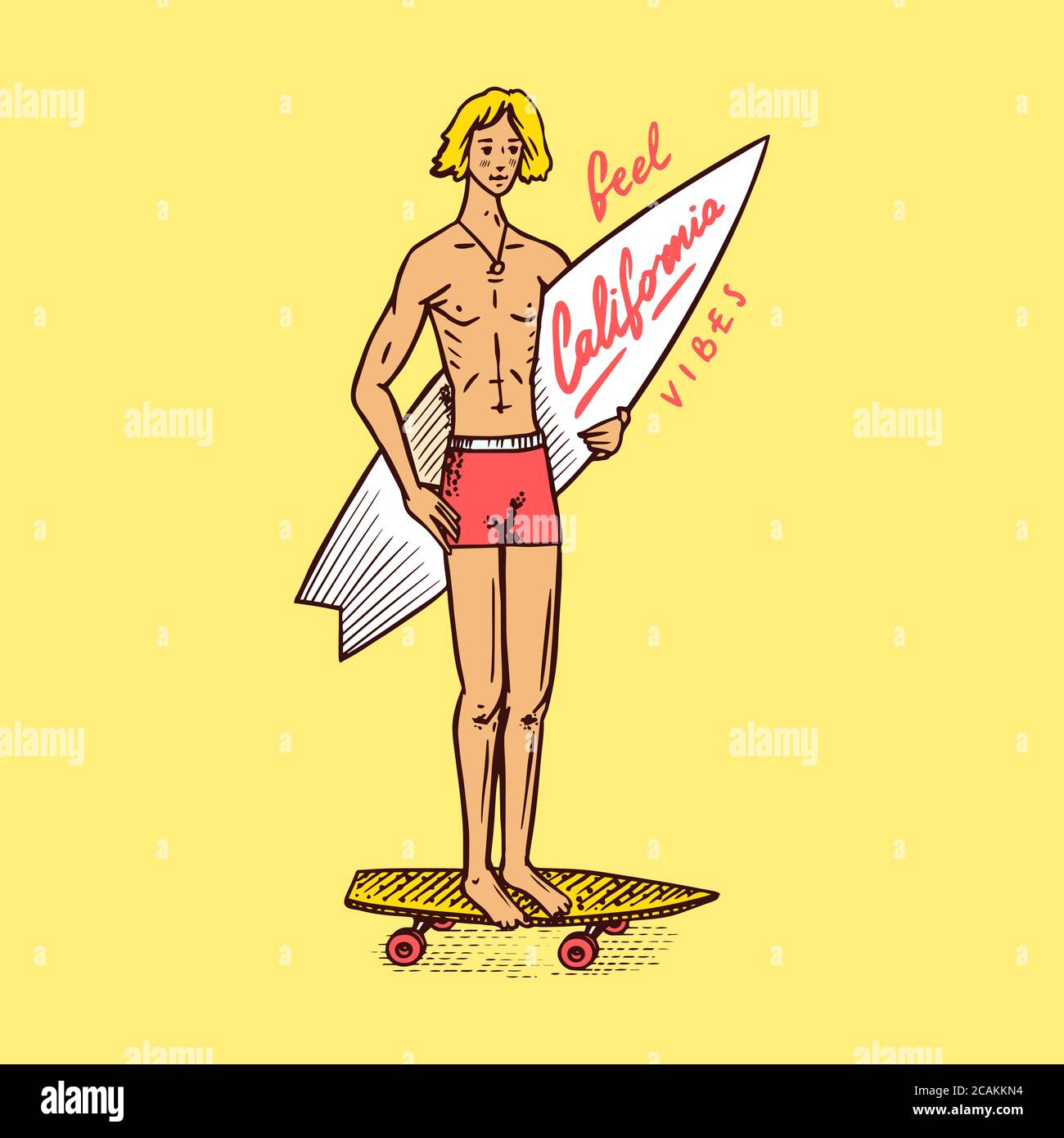 Badge Surf, logo Vintage Surfer. Onda retrospettiva. Estate California. Uomo sulla tavola da surf e mare. Emblema inciso disegnato a mano. Banner o poster. Illustrazione Vettoriale