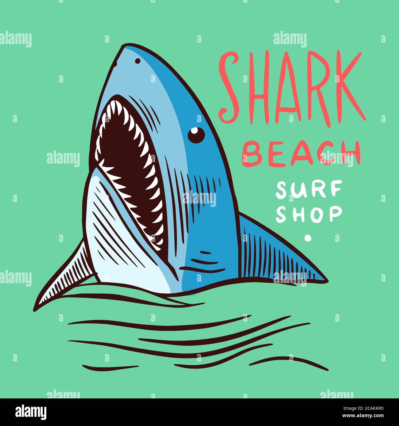 Badge surf. Squalo retrò. Logo o etichetta Vintage Surfer. Emblema inciso disegnato a mano. Banner o poster. Illustrazione Vettoriale