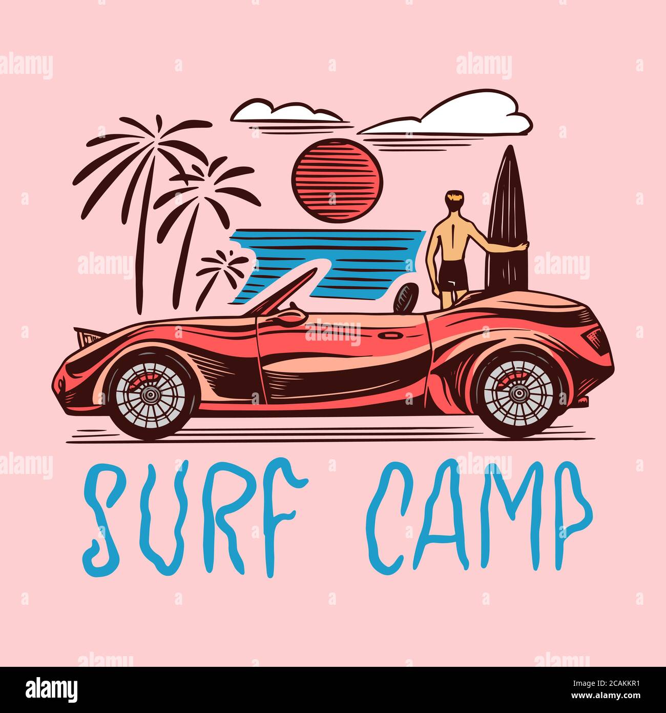 Badge Surf Camp, logo Vintage Surfer. Auto retrò. Estate California. Uomo sulla tavola da surf. Emblema inciso disegnato a mano. Banner o poster. Illustrazione Vettoriale