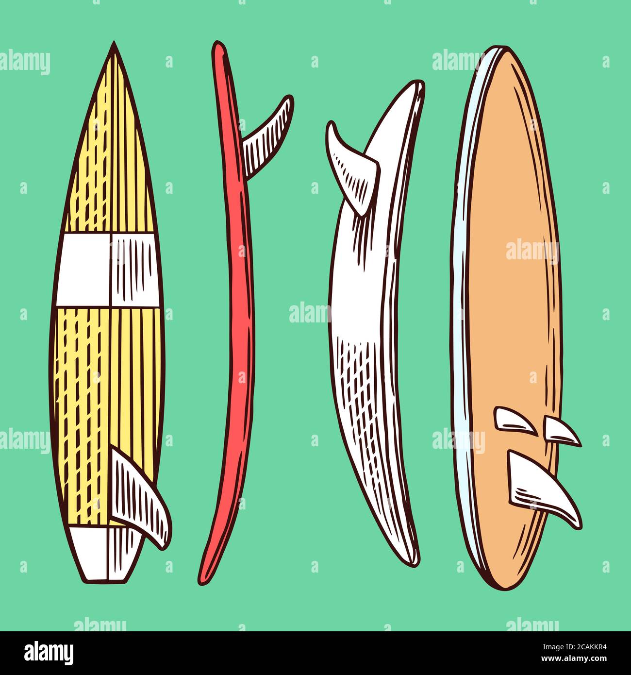 Badge Surf, logo Vintage Surfer. Tavola da surf retrò. Emblema inciso disegnato a mano. Banner o poster. Illustrazione Vettoriale