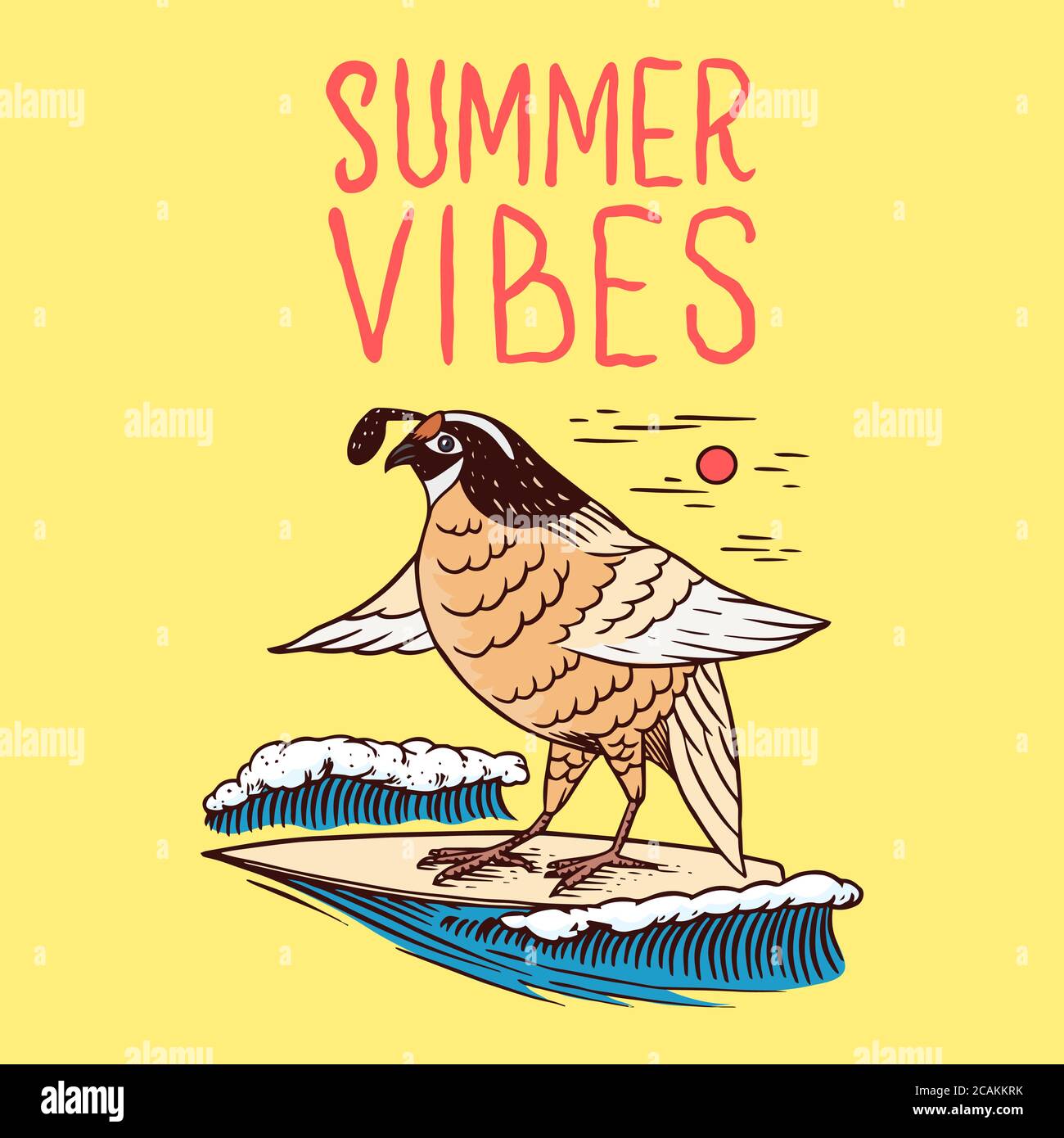 Onda retro e uccello. Badge Surf, logo Vintage Surfer. Estate California. Emblema inciso disegnato a mano. Banner o poster. Illustrazione Vettoriale