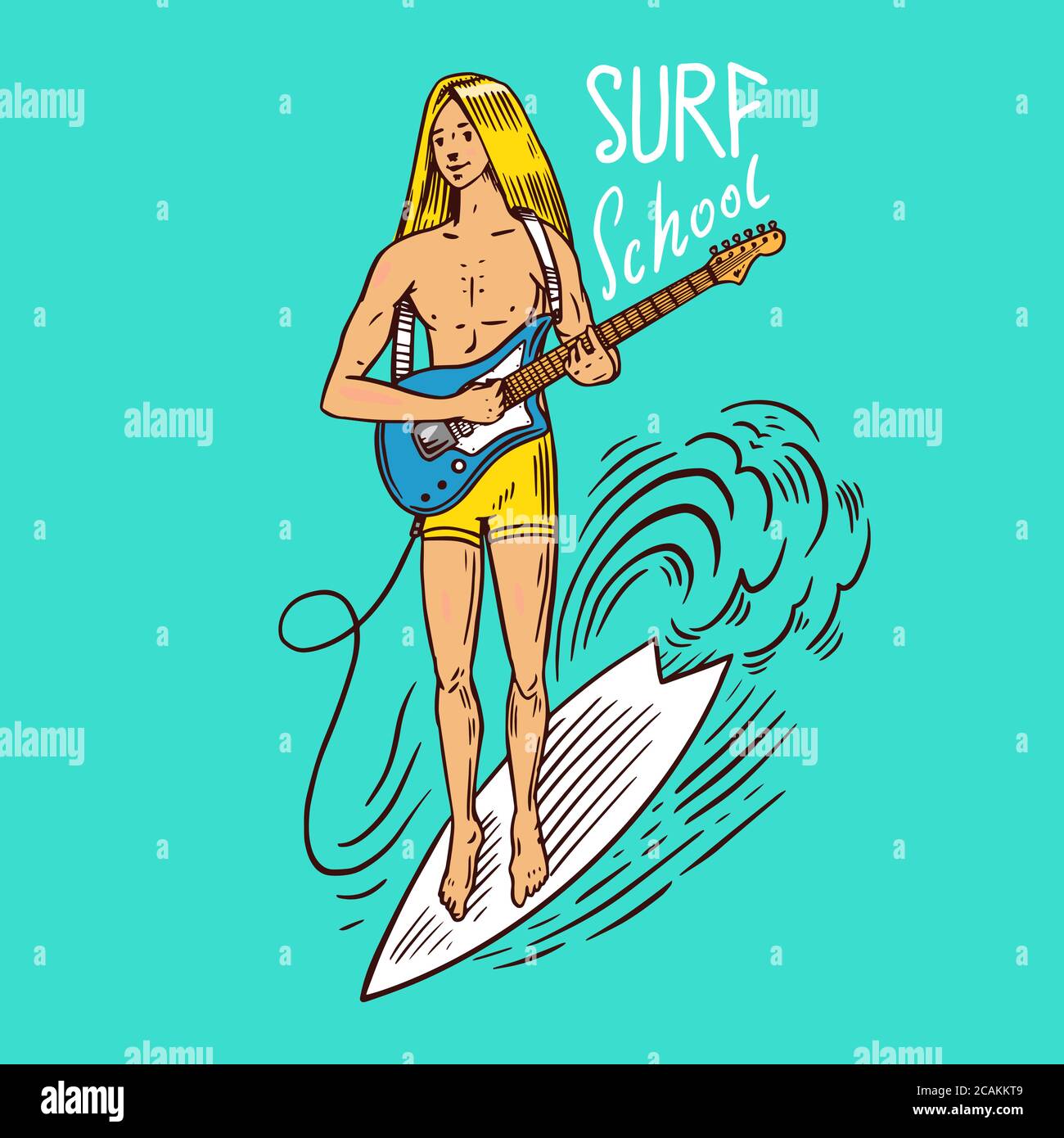 Ragazzo con una chitarra. Badge Surf, logo Vintage Surfer. Onda retrospettiva. Estate California. Uomo sulla tavola da surf. Emblema inciso disegnato a mano. Banner o poster. Illustrazione Vettoriale