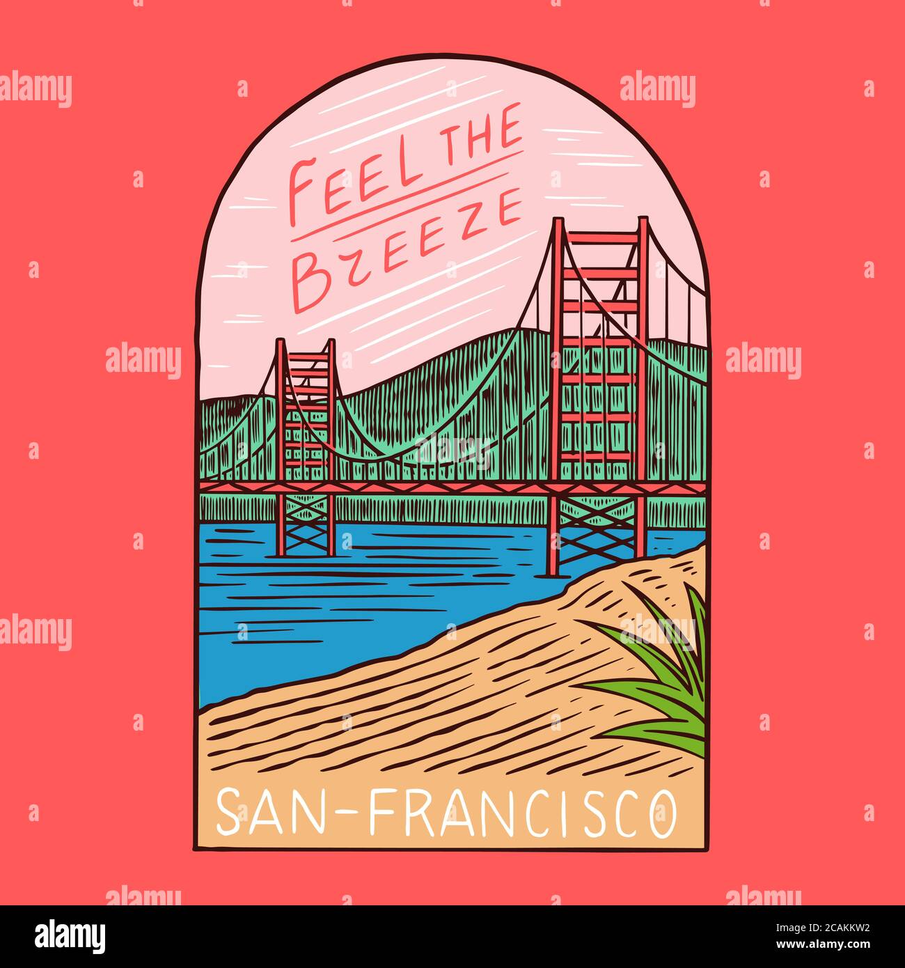 Estate retro San Francisco. Badge Surf, logo Vintage Surfer. Emblema inciso disegnato a mano. Banner o poster. Illustrazione Vettoriale