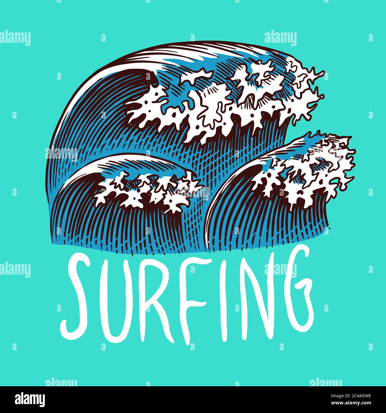 Badge surf. Onda retrospettiva. Logo Vintage Surfer. Estate California etichette. Emblema inciso disegnato a mano. Banner o poster. Illustrazione Vettoriale