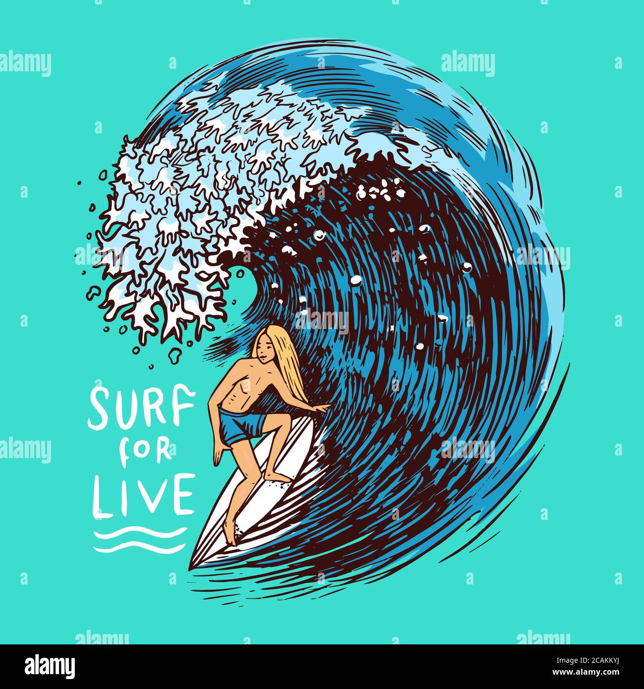 Badge surf. Onda retrospettiva. Logo Vintage Surfer. Etichette estive California. Uomo sulla tavola da surf. Emblema inciso disegnato a mano. Banner o poster. Illustrazione Vettoriale