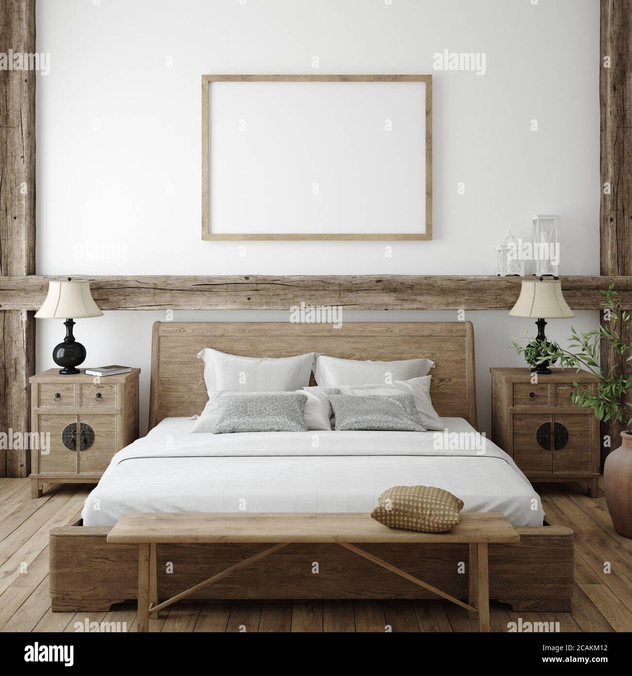 Cornice mockup in sfondo interno camera da letto, stile Farmhouse, rendering 3d Foto Stock