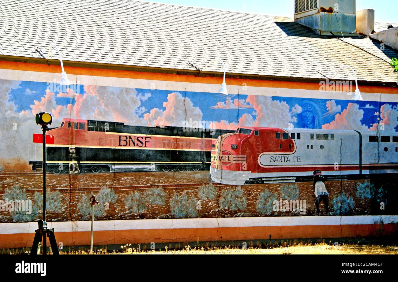 Murale di santafe Railroad e BNFS a Winslow arizona usa Foto Stock