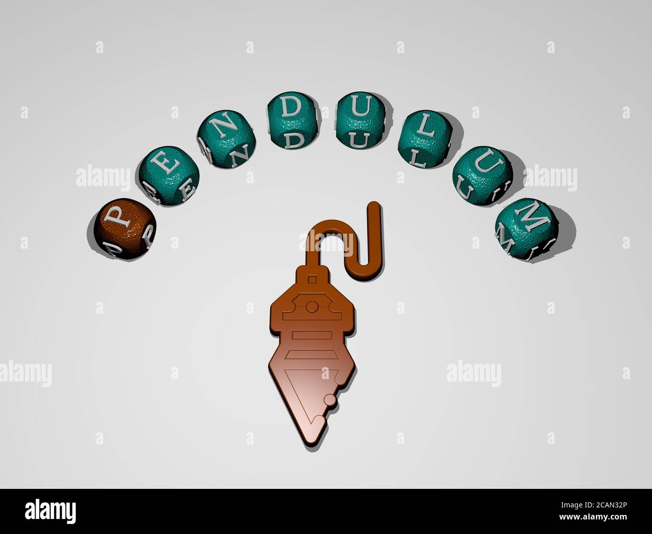 Icona DEL PENDOLO circondata dal testo di singole lettere - Illustrazione 3D per orologio e sfondo Foto Stock