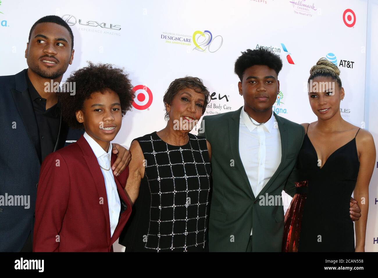 LOS ANGELES - LUGLIO 14: Rodney Peete Jr, Roman Peete, Dolores Robinson, Robinson James Peete, Ryan Peete al 20° Gala annuale DesignCare sul Private Estate il 14 Luglio 2018 a Malibu, CA Foto Stock