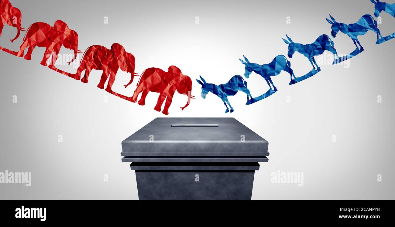 Scelta elettorale americana come repubblicano contro democratico rappresentata da due parti con l'elefante e l'asino simbolo che lottano per il voto. Foto Stock