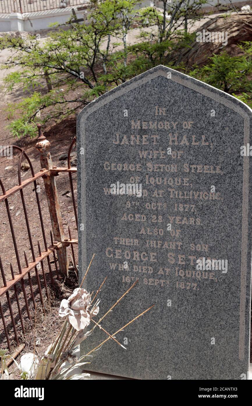 Headstone, Cimitero britannico, Tiliviche, vicino Humberstone, Iquique, Cile del nord 15 ottobre 2017 Foto Stock