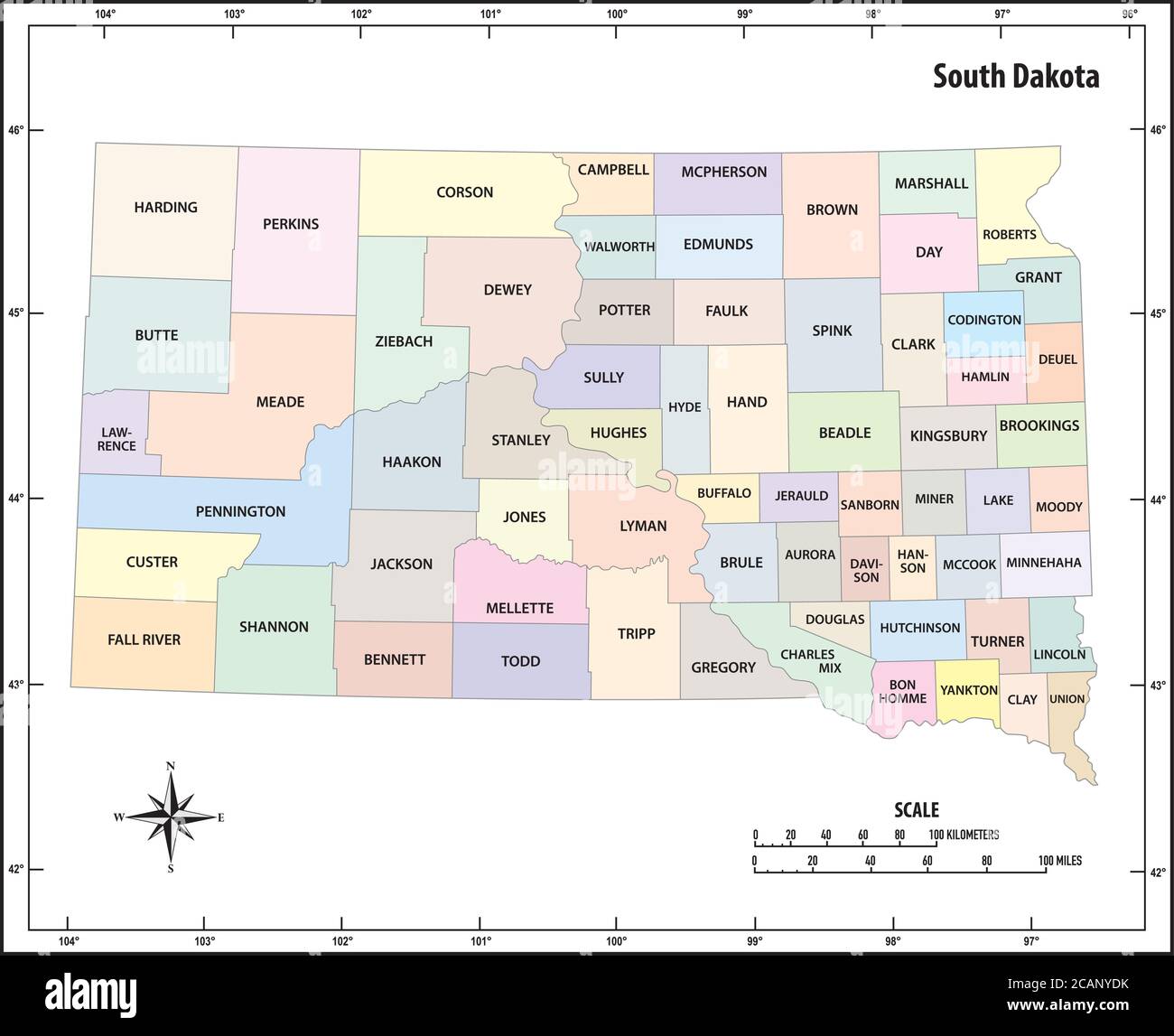 stato del south dakota delineare la mappa amministrativa e politica a colori Illustrazione Vettoriale