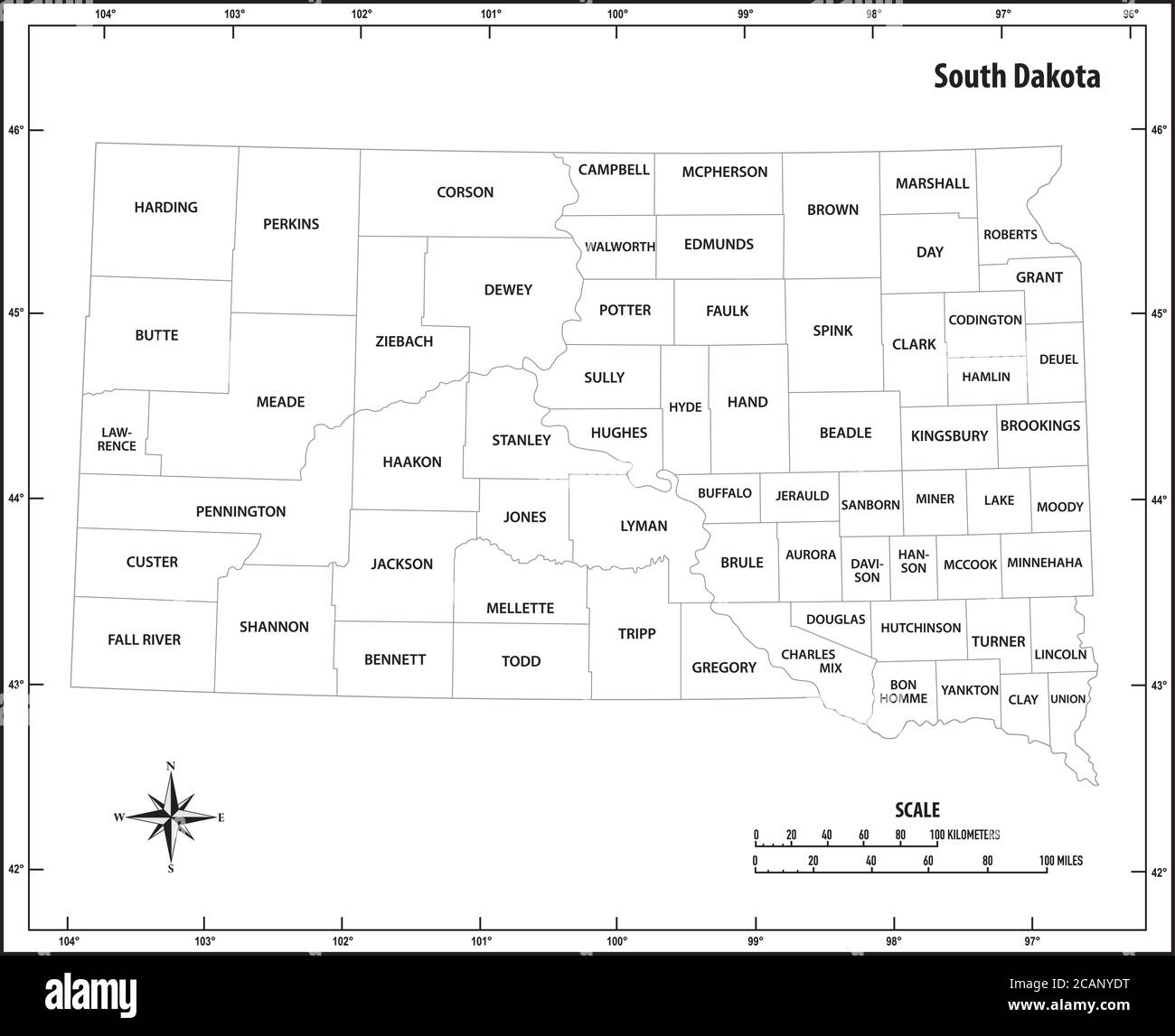 stato del south dakota delineare la mappa amministrativa e politica in bianco e nero Illustrazione Vettoriale