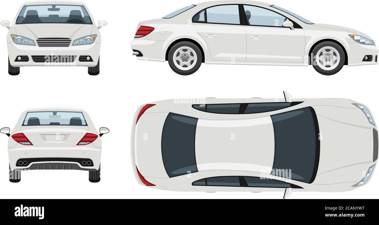 Modello vettoriale auto bianco con colori semplici senza sfumature ed effetti. Vista laterale, anteriore, posteriore e superiore. Illustrazione Vettoriale
