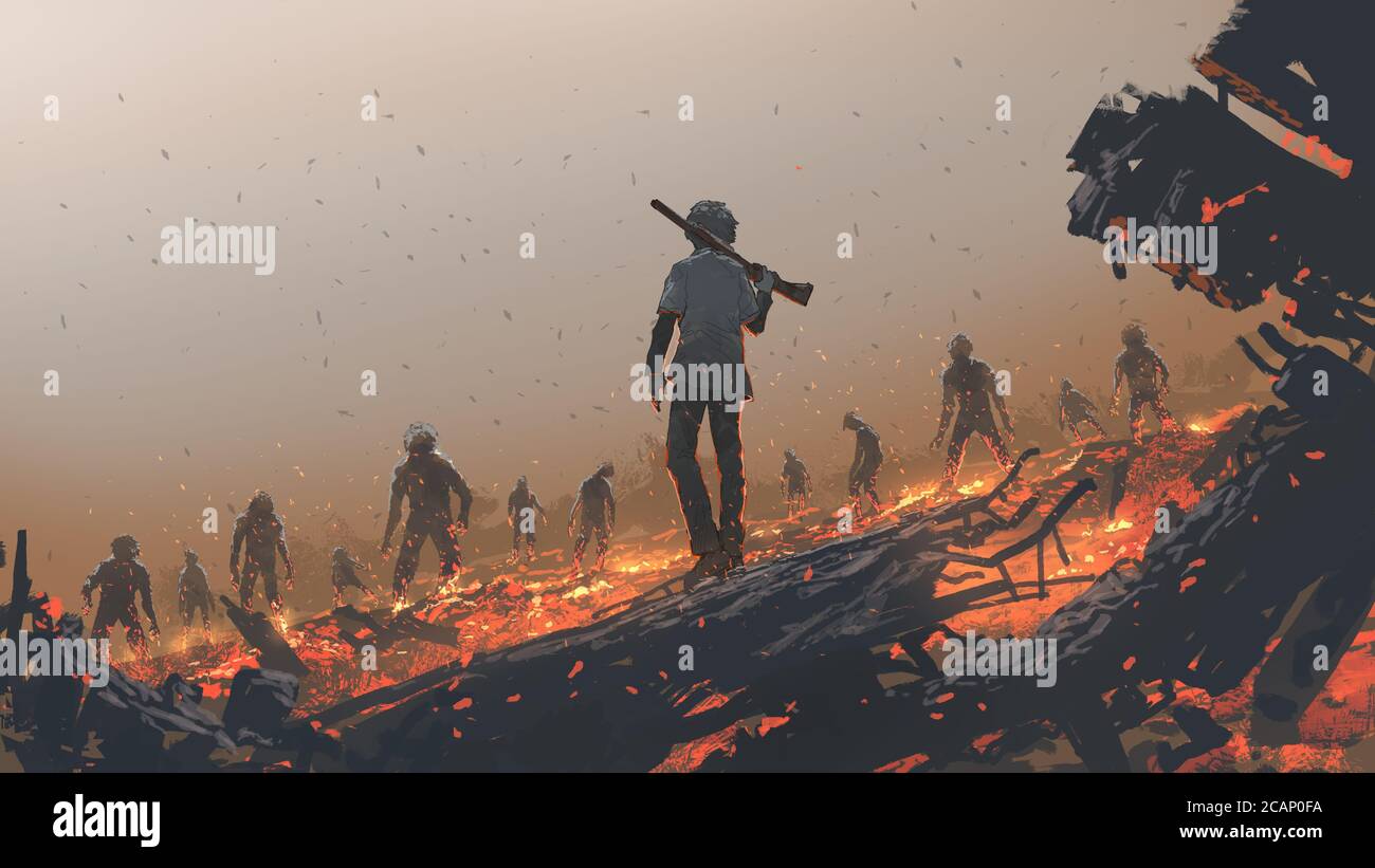 l'uomo di fronte a un gruppo zombie, stile arte digitale, pittura di illustrazione Foto Stock