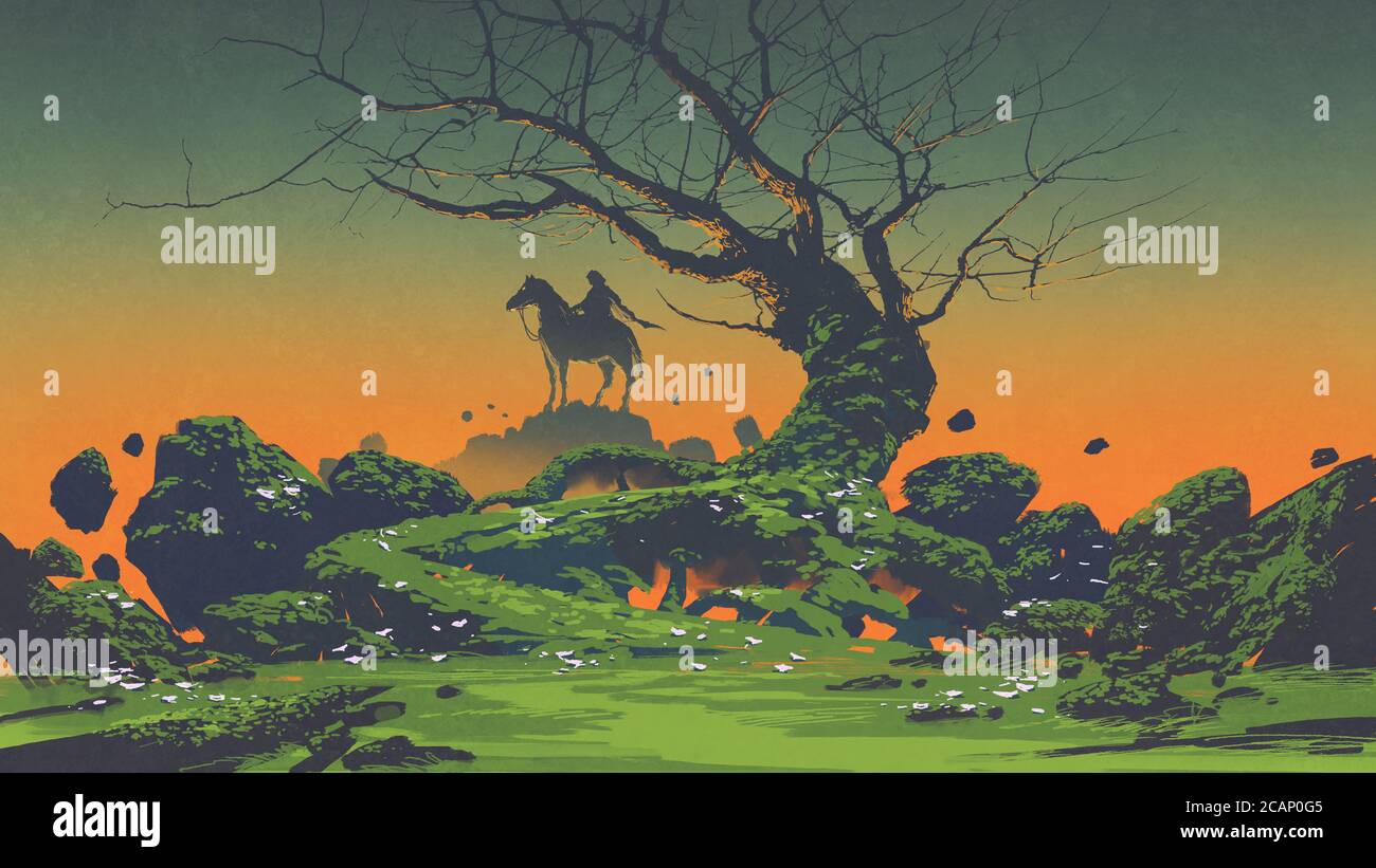 horseman e albero spaventoso nel misterioso paesaggio, stile arte digitale, pittura di illustrazione Foto Stock