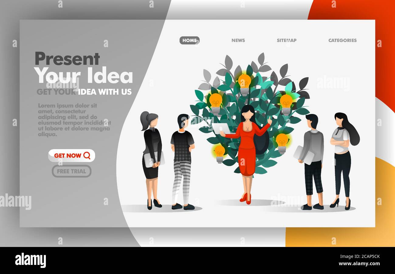 Vector Illustration concetto di donna d'affari che presenta idee che iniziano a crescere. Facile da utilizzare per siti Web, banner, landing page, brochure, volantino, Illustrazione Vettoriale