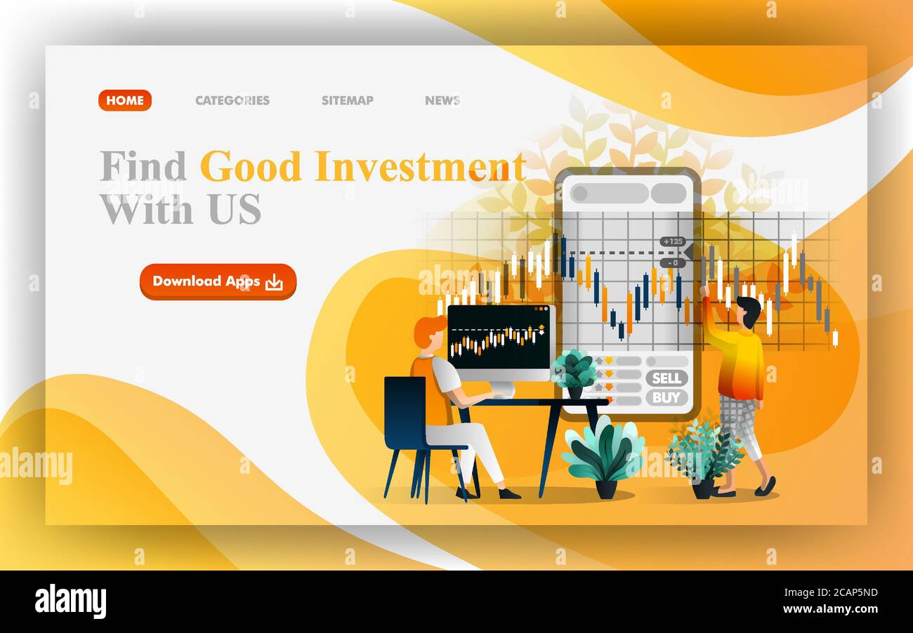 Trova un buon investimento Vector Web Illustration, la gente analizza i dati per prendere decisioni sul mercato finanziario. Facile da usare per sito web, banner, brochure, Illustrazione Vettoriale