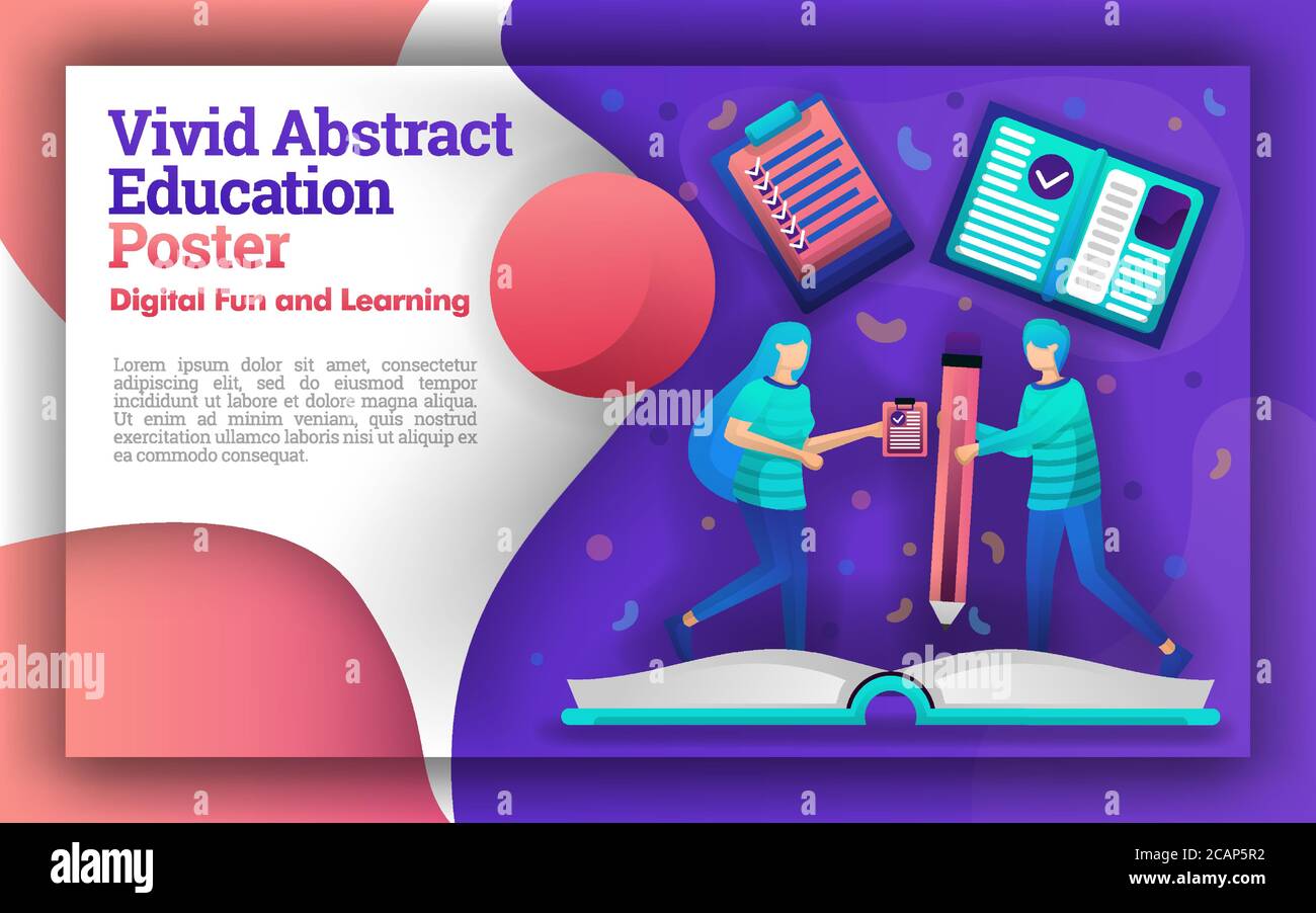 Illustrazione di abstract vividi con il tema dell'educazione. Lo studente che stava scrivendo su un libro gigante. Può essere per poster e siti web. Nuovo learnin Illustrazione Vettoriale