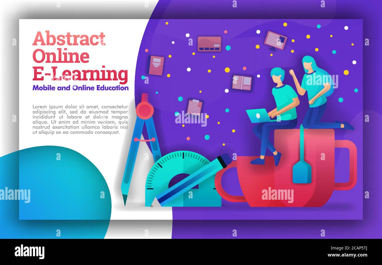 Illustrazione per l'apprendimento online astratto con temi vividi. I programmi di istruzione per l'apprendimento in linea aiutano il governo, gli studenti e gli insegnanti a migliorare l'istruzione Illustrazione Vettoriale