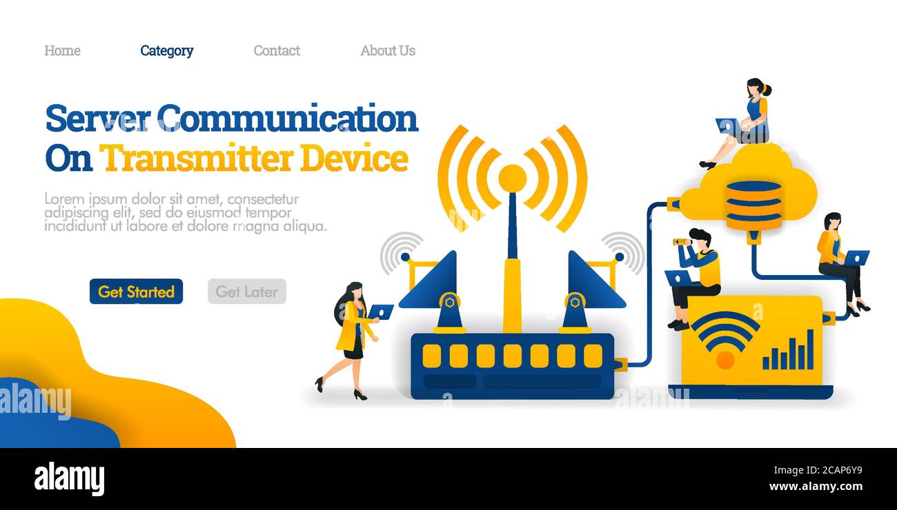 Comunicazione server su dispositivo trasmettitore. Il trasmettitore distribuisce i dati dal database. Concetto di illustrazione piatta vettoriale, può essere utilizzato per, pagina di destinazione, t Illustrazione Vettoriale