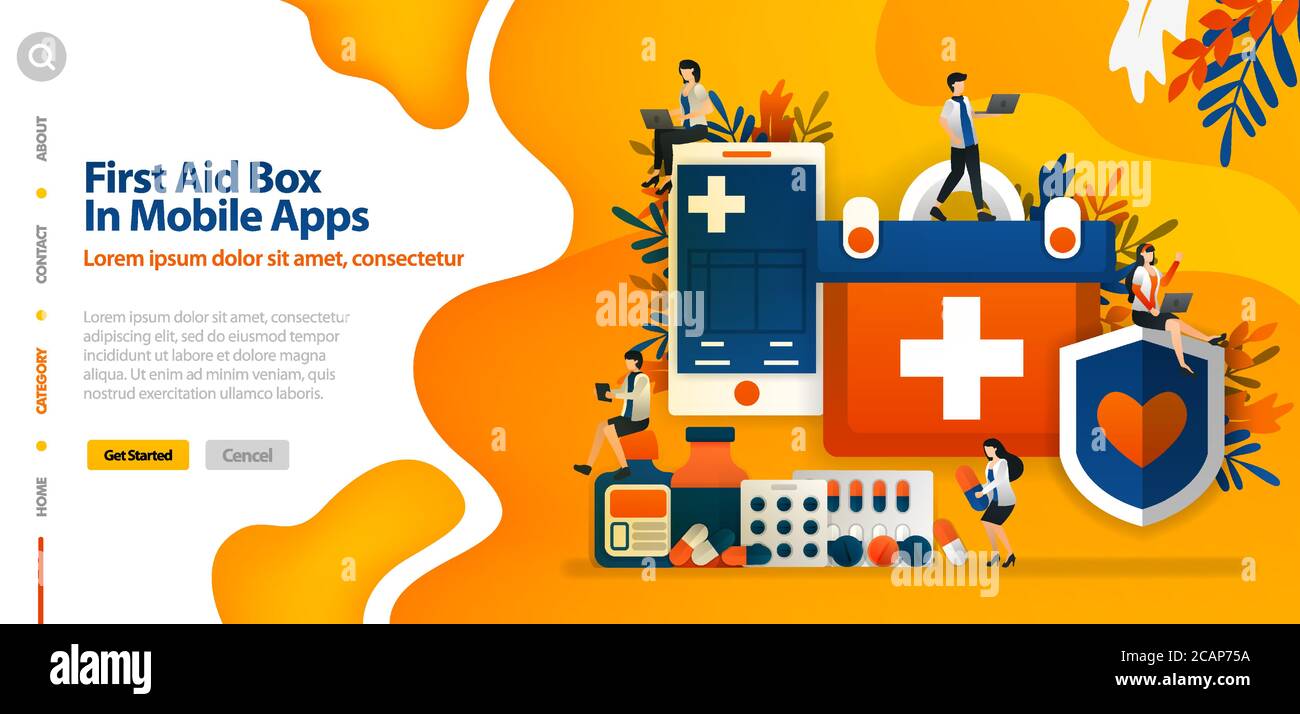 First Aid Box nell'applicazione Mobile, per proteggere la salute e il comfort del paziente. Il concetto di illustrazione vettoriale può essere utilizzato per la landing page, il modello e l'interfaccia utente Illustrazione Vettoriale