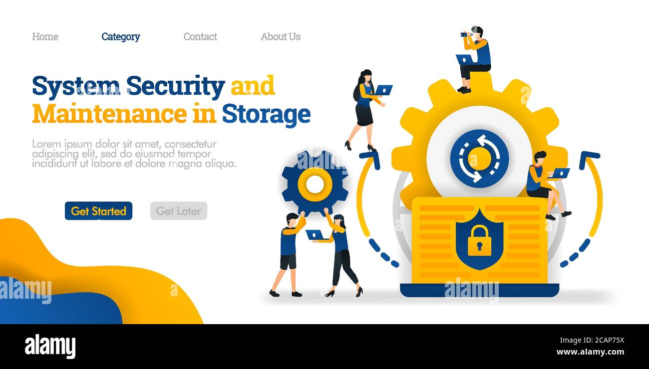 Sicurezza del sistema e manutenzione nello storage. Sicurezza del sistema nella gestione dei dati. Concetto di illustrazione piatta vettoriale, può essere utilizzato per, pagina di destinazione, modello Illustrazione Vettoriale