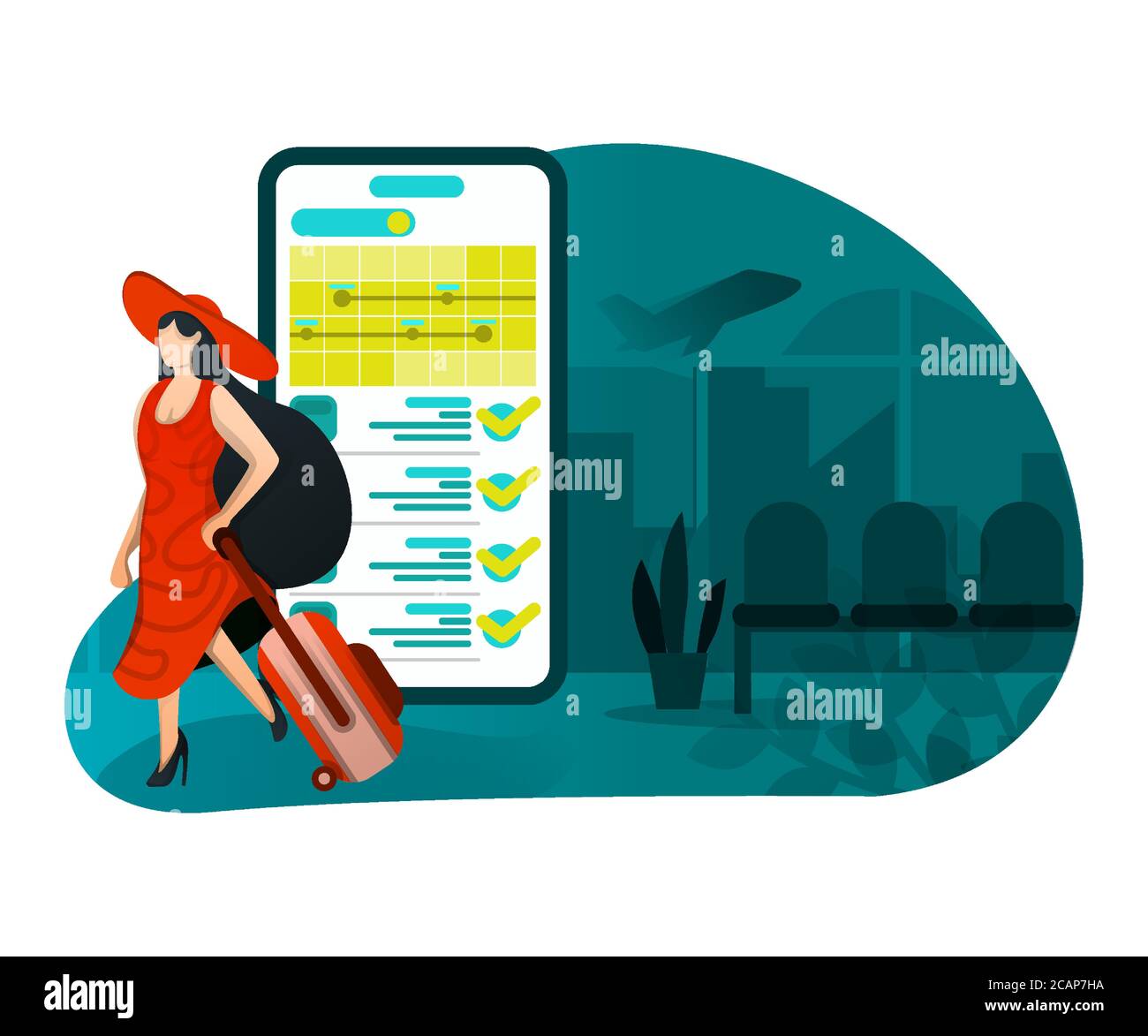 Illustrazione delle vacanze con la tecnologia. Vector flat illustration dei concetti per landing page, web, sito web, homepage, app mobili ui / ux, poster, Illustrazione Vettoriale