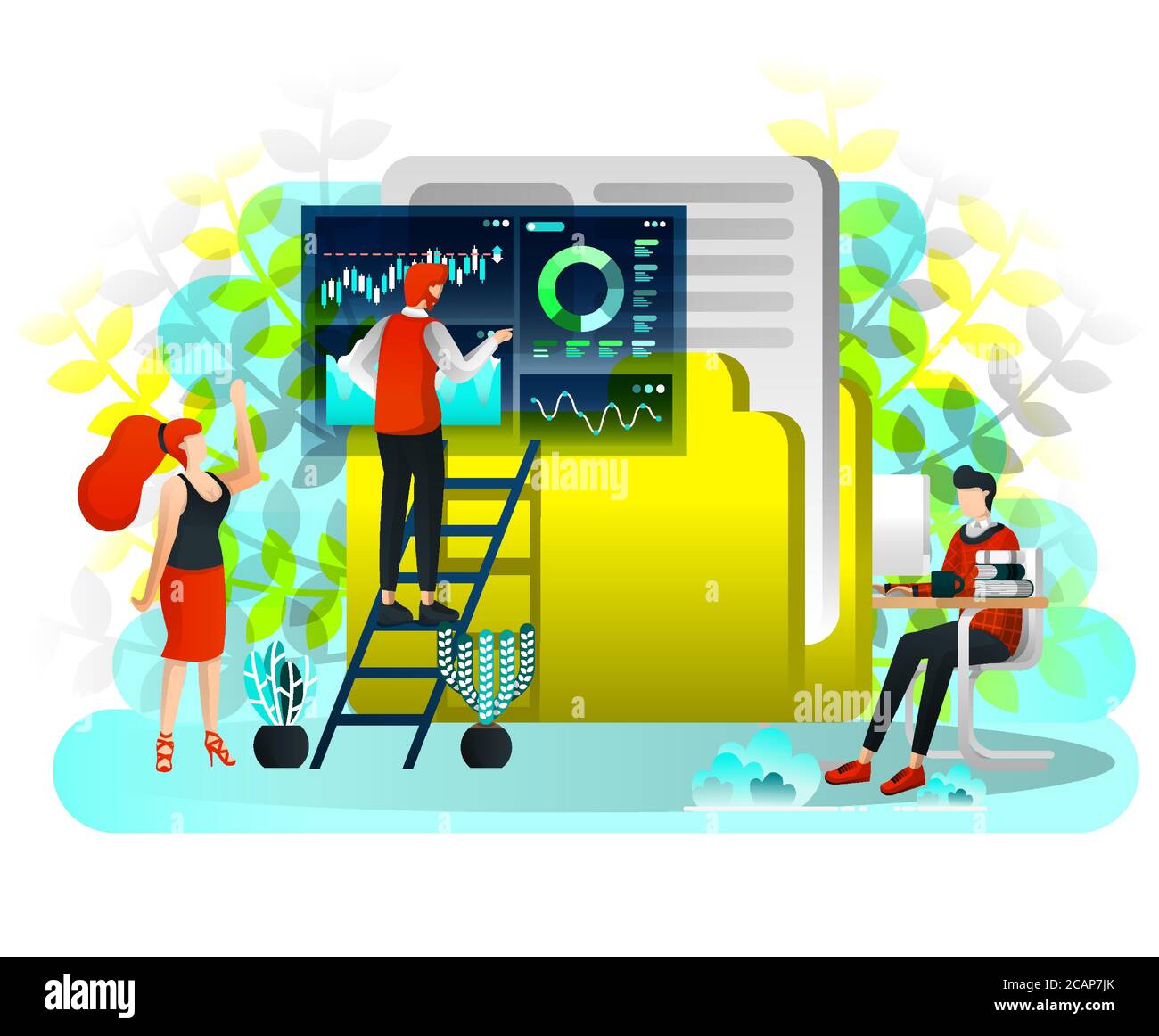 Gli uomini che cercano i dati sull'icona della cartella gigante e il lavoratore sta operando Ricerca dati e disponi dati nella cartella. Illustrazione vettoriale per Web, elemento, intestazione, Illustrazione Vettoriale