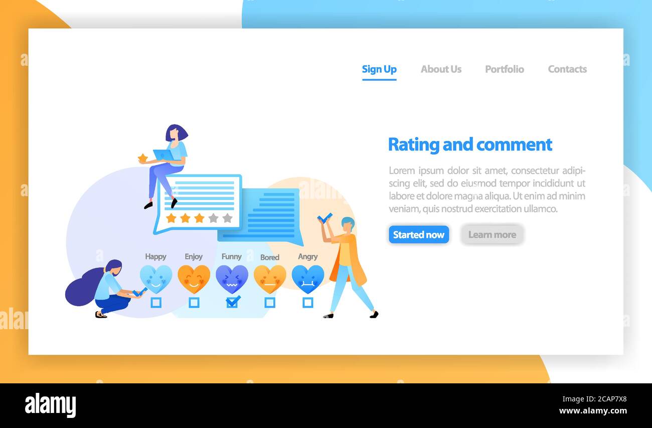 vector flat illustrazione per web, banner, landing page, mobile. persone lasciare commenti e commenti, amore emoticon rating, dando un 5 stelle e amore per Illustrazione Vettoriale