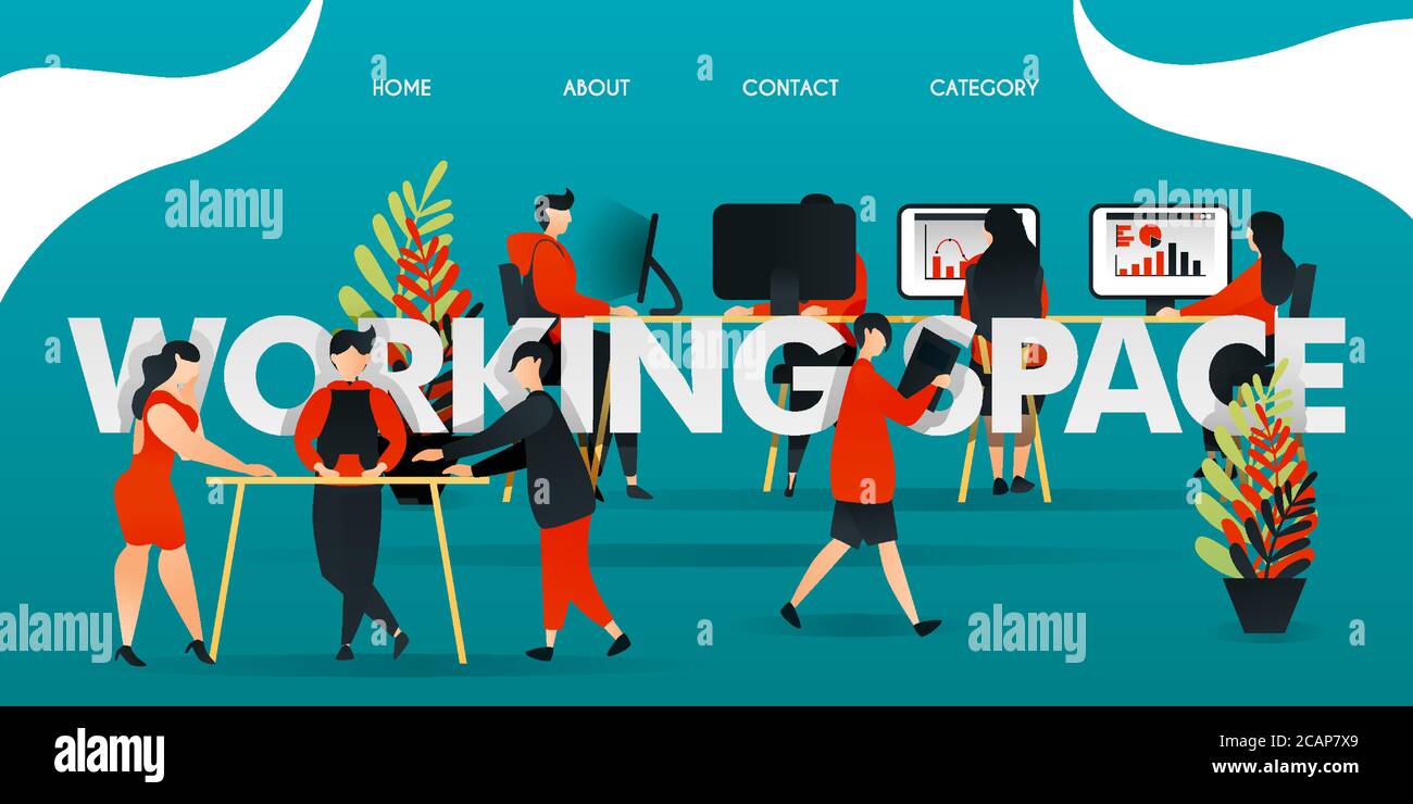 Carattere cartoon piatto. Illustrazione vettoriale per tecnologia, startup, industria creativa. Lavoro dei dipendenti nello SPAZIO DI LAVORO. Persone che discutono, lavoro WIT Illustrazione Vettoriale