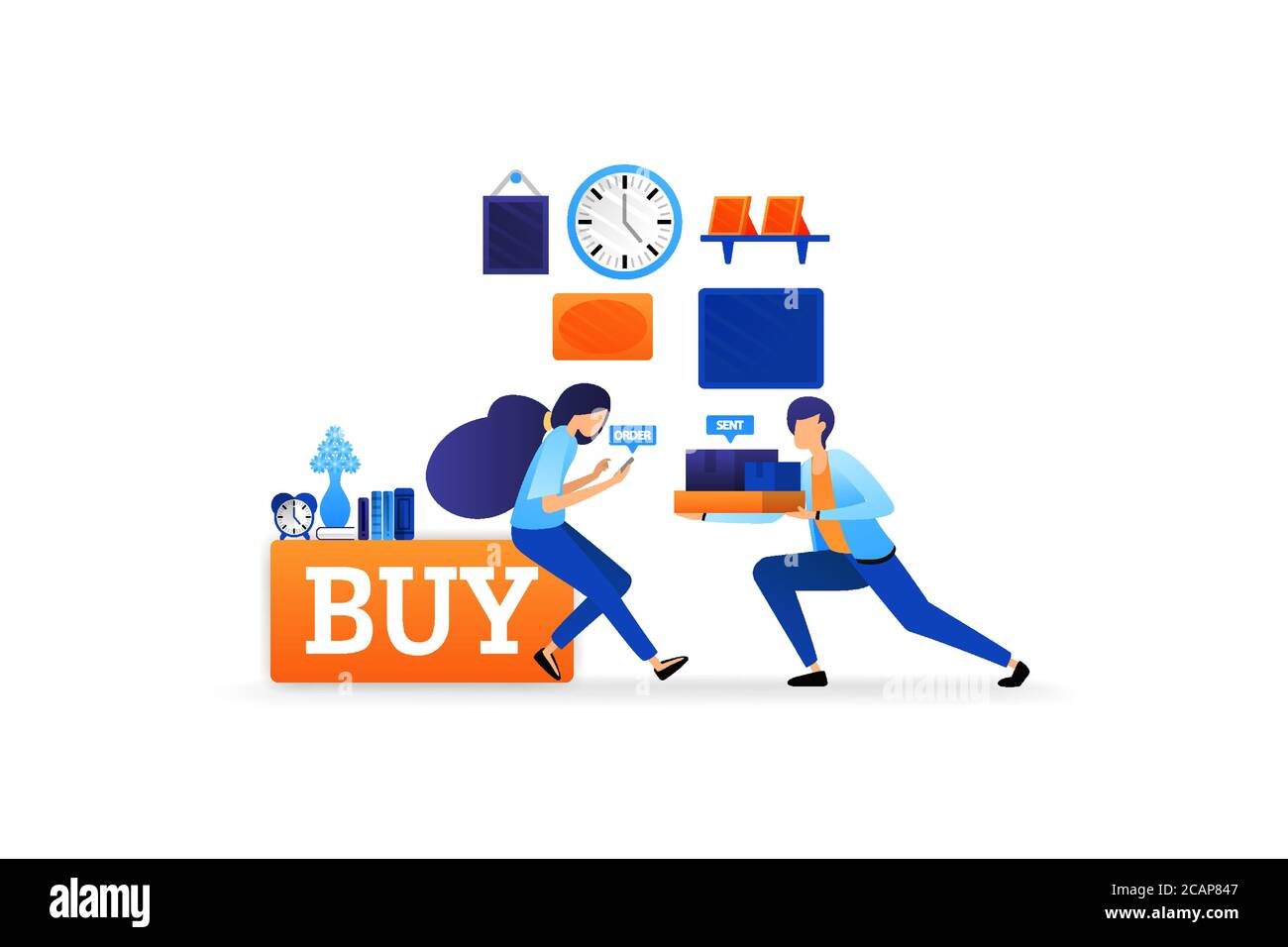 esperienza di acquisto di merci online con consegna rapida acquistare subito e acquistare in su. tecnologia e-commerce illustrazione vettoriale concetto per landing page, noi Illustrazione Vettoriale