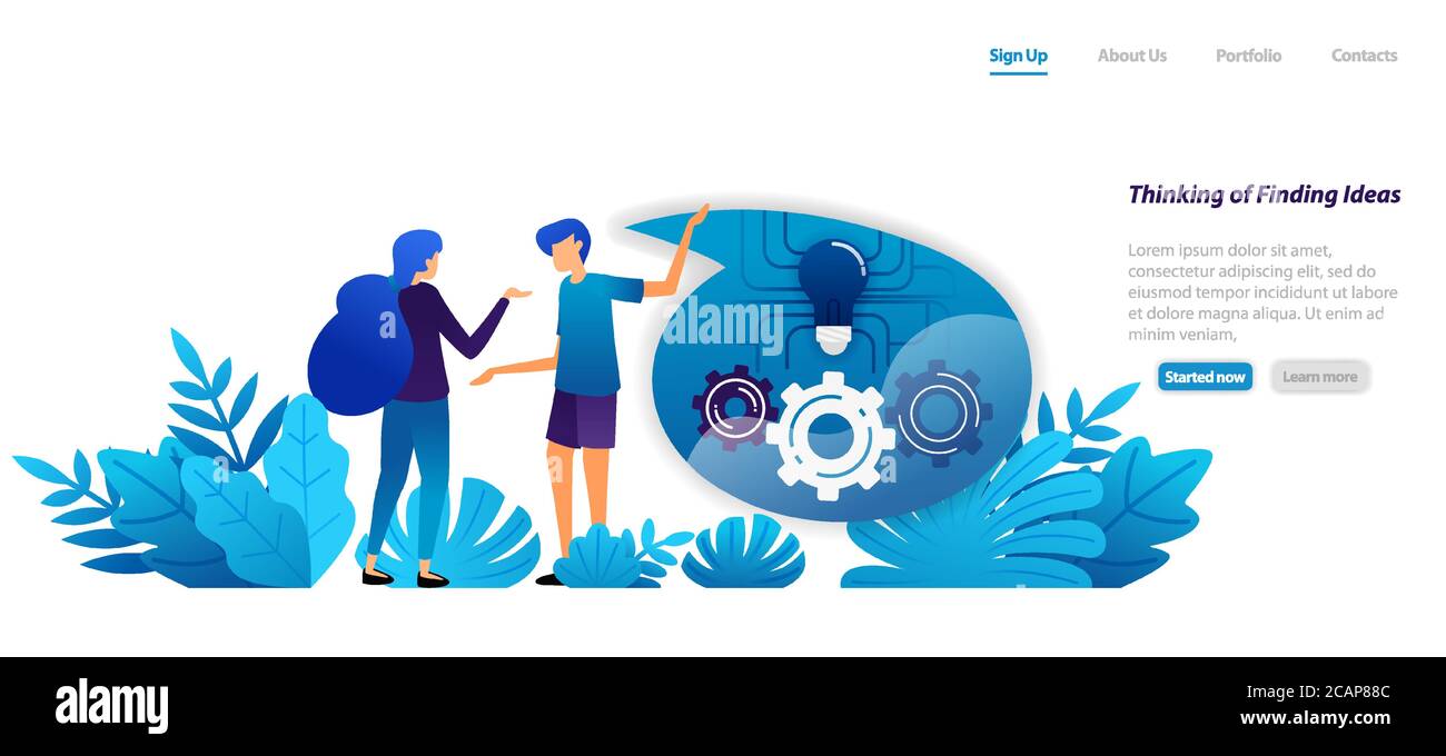 concetto del meccanismo di pensare e trovare idee, comunicazione e dialogo per l'ispirazione. concetto di illustrazione piatta per landing page, web, u Illustrazione Vettoriale